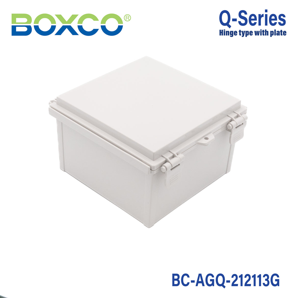 Boxco Q-Series 8.27 x 8.27 x 5.12 Inches(210 x 210 x 130mm) Plastic Enclosure, IP67, IK08, ABS, Grey Cover, Hinge Type with Plate
