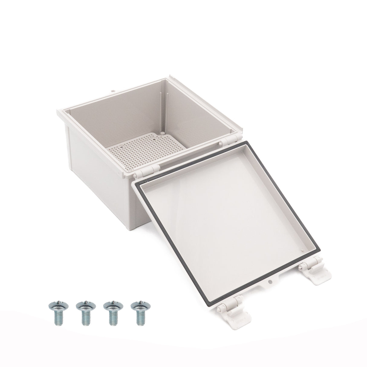 Boxco Q-Series 8.27 x 8.27 x 5.12 Inches(210 x 210 x 130mm) Plastic Enclosure, IP67, IK08, ABS, Grey Cover, Hinge Type with Plate