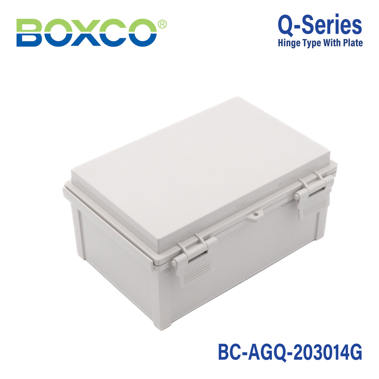 Boxco Q-Series 7.87 x 11.81 x 5.51 Inches(200 x 300 x 140mm) Plastic Enclosure, IP67, IK08, ABS, Grey Cover, Hinge Type with Plate