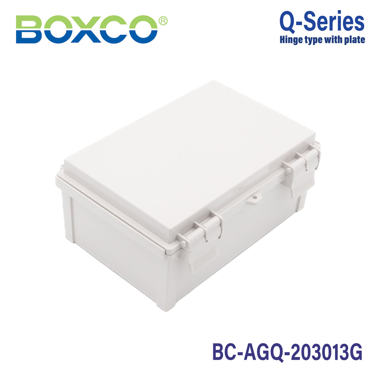 Boxco Q-Series 7.87 x 11.81 x 5.12 Inches(200 x 300 x 130mm) Plastic Enclosure, IP67, IK08, ABS, Grey Cover, Hinge Type with Plate