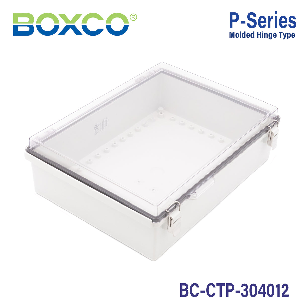 Boxco P-Series 11.81 x 15.75 x 4.72 inches(300 x 400 x 120mm) Plastic Enclosure, IP67, IK08, PC, Transparent Cover, Molded Hinge and Latch Type