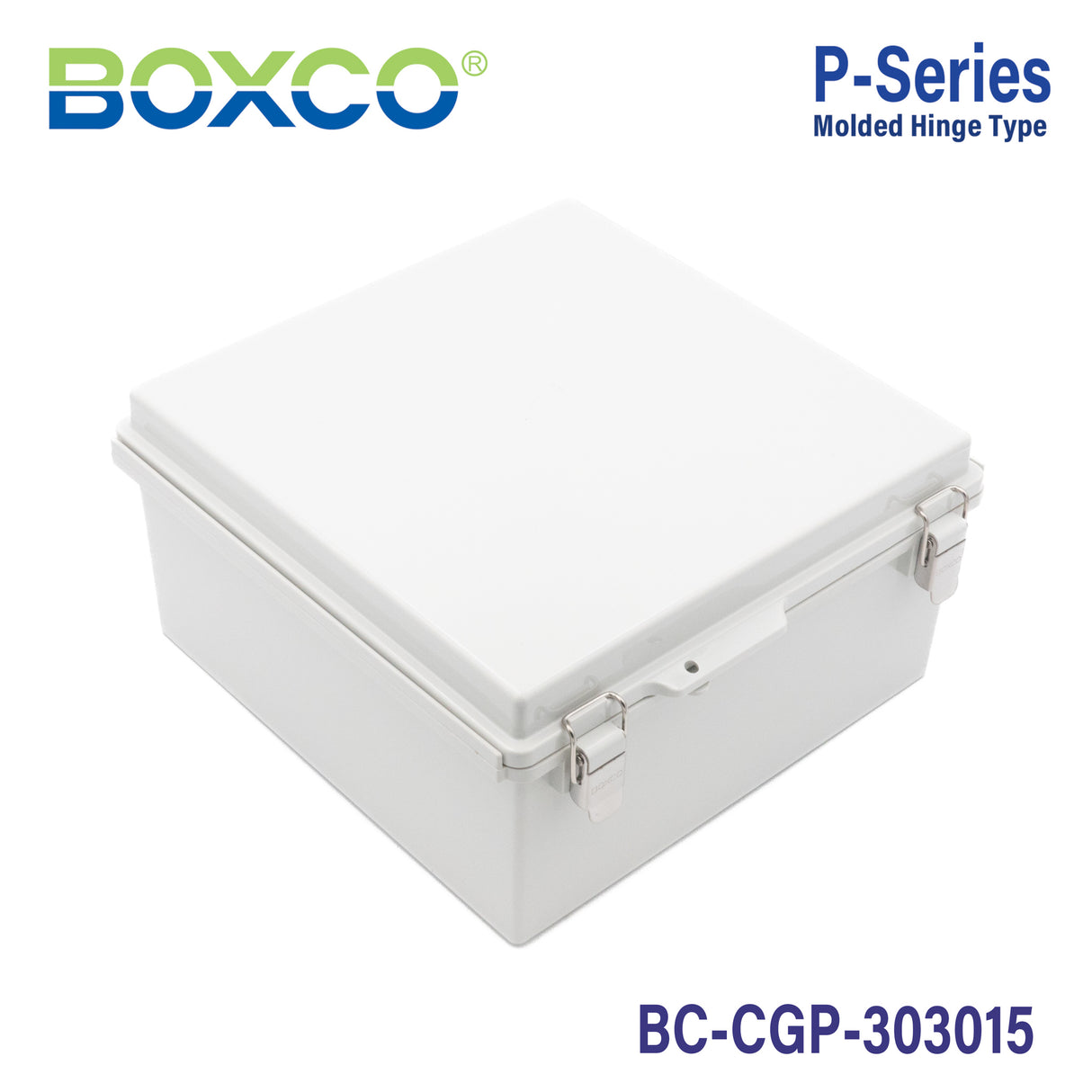 Boxco P-Series 11.81 x 11.81 x 5.91 Inches(300 x 300 x 150mm) Plastic Enclosure, IP67, IK08, PC, Grey Cover, Molded Hinge and Latch Type