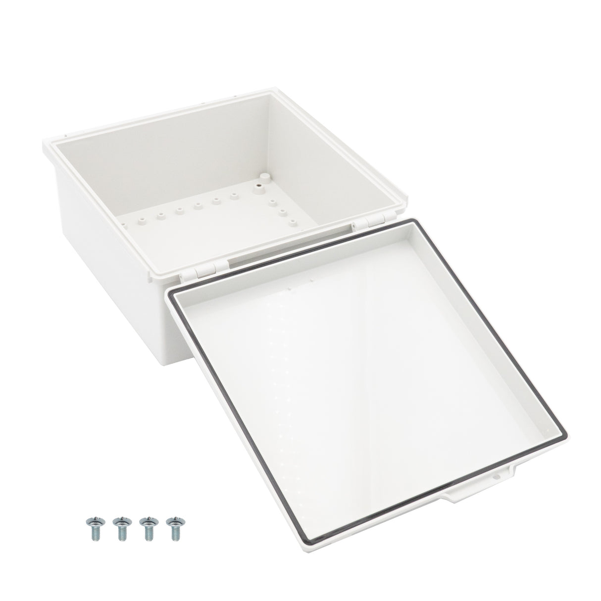 Boxco P-Series 11.81 x 11.81 x 5.91 Inches(300 x 300 x 150mm) Plastic Enclosure, IP67, IK08, PC, Grey Cover, Molded Hinge and Latch Type