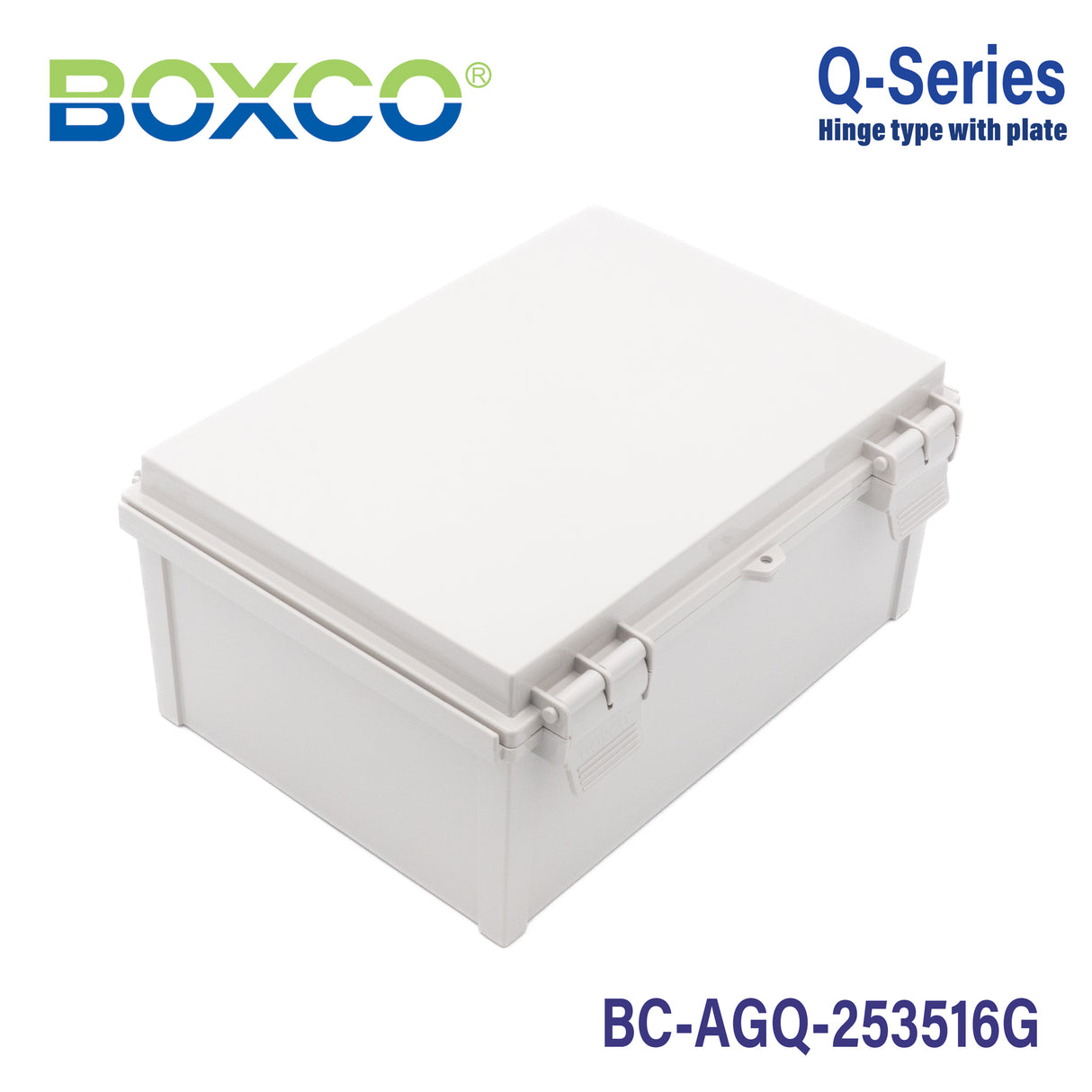 Boxco Q-Series 9.84 x 9.84 x 6.30 Inches(250 x 250 x 160mm) Plastic Enclosure, IP67, IK08, ABS, Grey Cover, Hinge Type with Plate