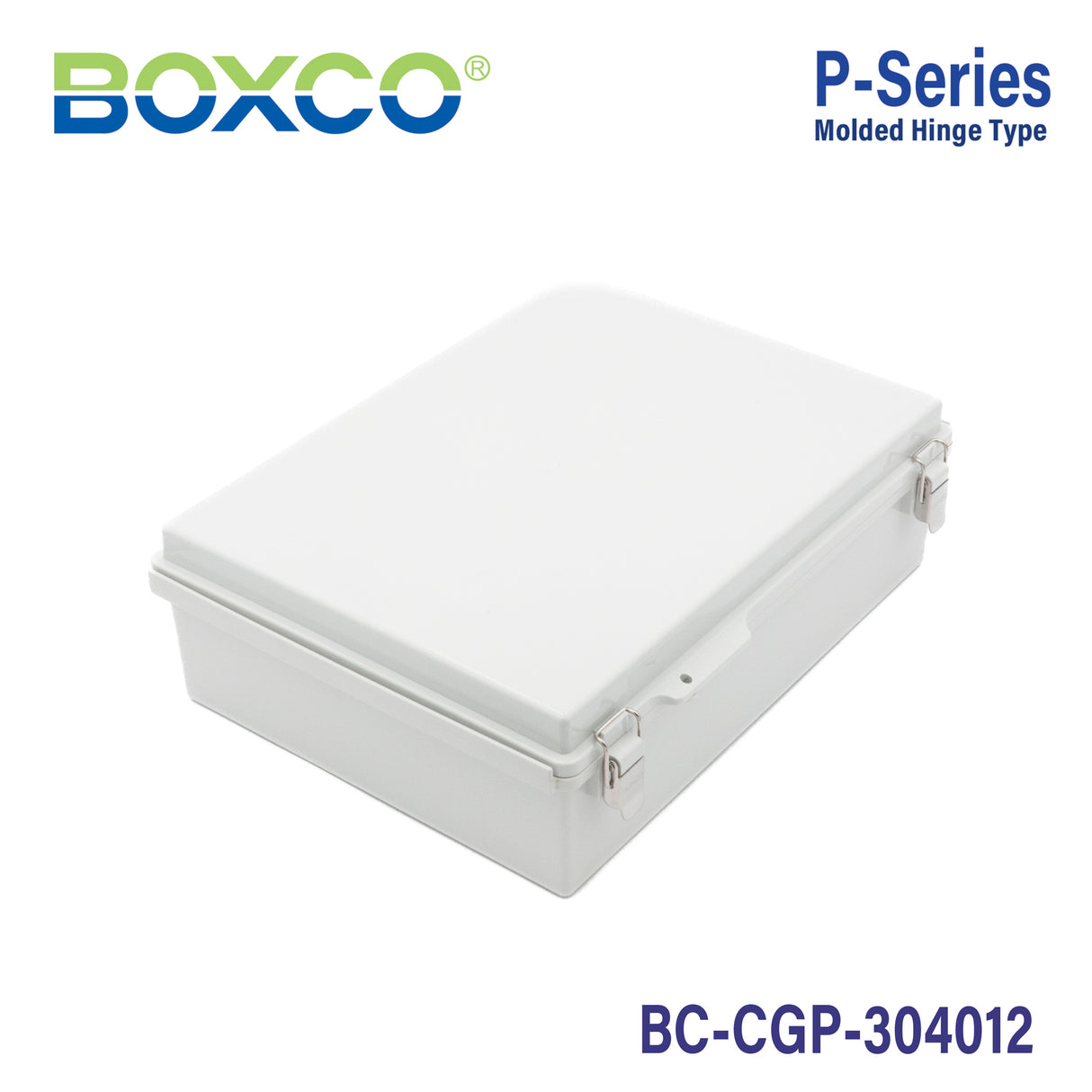 Boxco P-Series 11.81 x 15.75 x 4.72 Inches(300 x 400 x 120mm) Plastic Enclosure, IP67, IK08, PC, Grey Cover, Molded Hinge and Latch Type