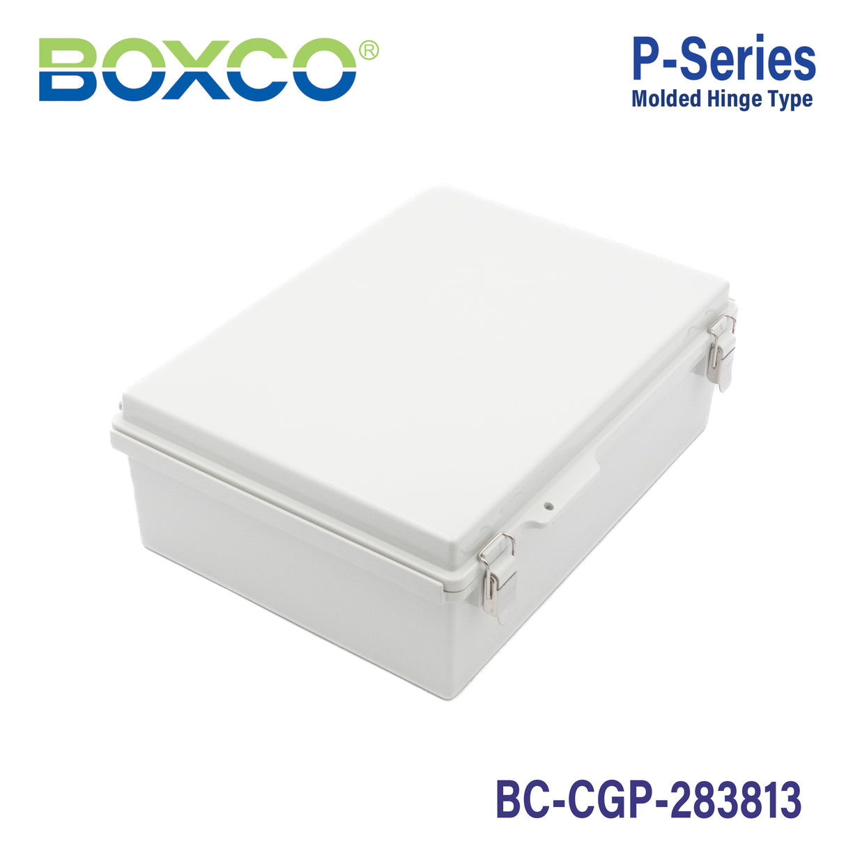 Boxco P-Series 11.02 x 14.96 x 5.12 Inches(280 x 380 x 130mm) Plastic Enclosure, IP67, IK08, PC, Grey Cover, Molded Hinge and Latch Type