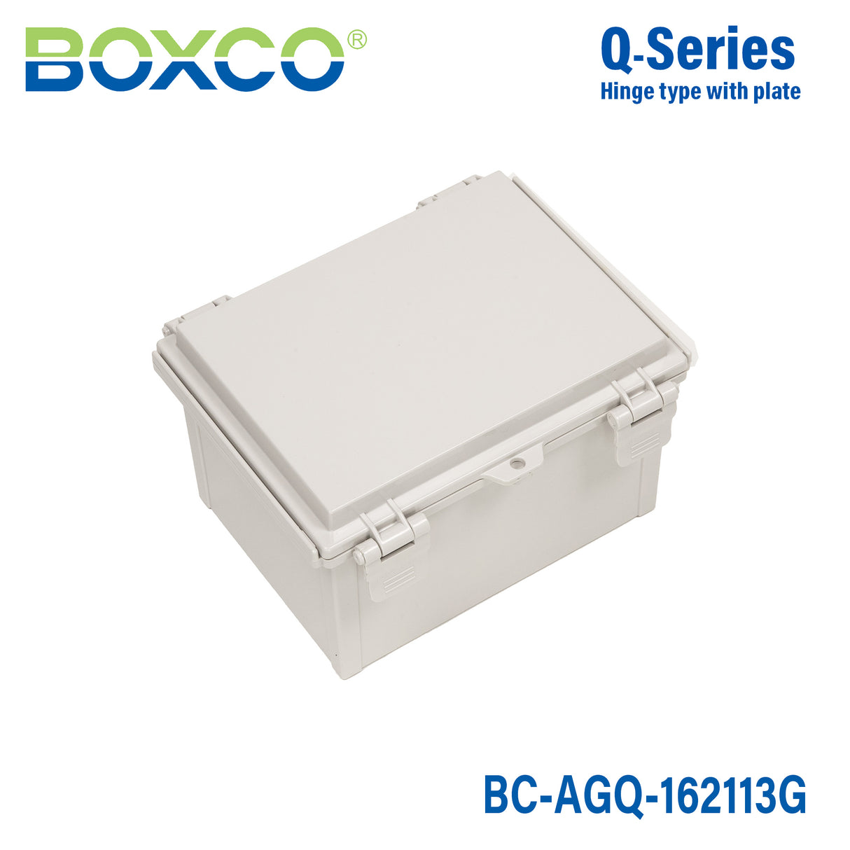 Boxco Q-Series 6.30 x 8.27 x 5.12 Inches(160 x 210 x 130mm) Plastic Enclosure, IP67, IK08, ABS, Grey Cover, Hinge Type with Plate