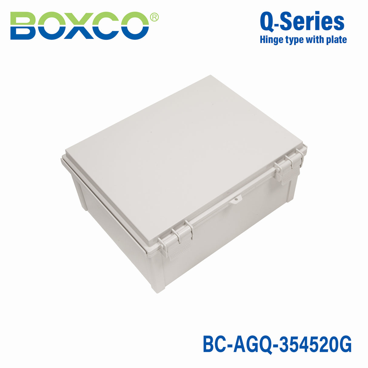 Boxco Q-Series 13.78 x 17.72 x 7.87 Inches(350 x 450 x 200mm) Plastic Enclosure, IP67, IK08, ABS, Grey Cover, Hinge Type with Plate