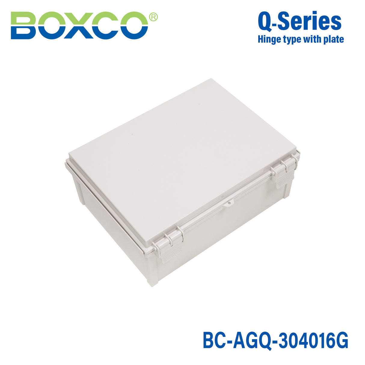 Boxco Q-Series 11.81 x 15.75 x 6.30 Inches(300 x 400 x 160mm) Plastic Enclosure, IP67, IK08, ABS, Grey Cover, Hinge Type with Plate