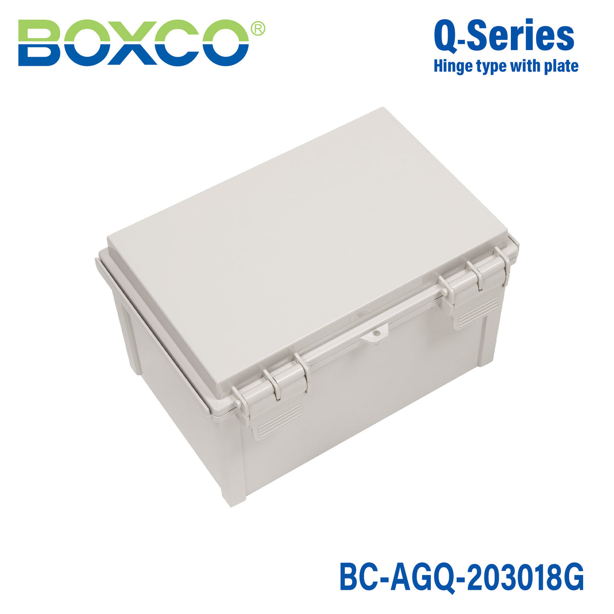 Boxco Q-Series 7.87 x 11.81 x 7.09 Inches(200 x 300 x 180mm) Plastic Enclosure, IP67, IK08, ABS, Grey Cover, Hinge Type with Plate