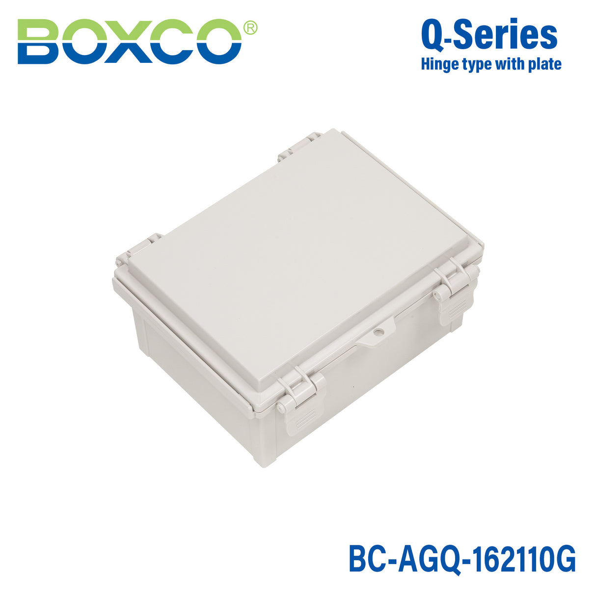 Boxco Q-Series 6.30 x 8.27 x 3.94 Inches(160 x 210 x 100mm) Plastic Enclosure, IP67, IK08, ABS, Grey Cover, Hinge Type with Plate