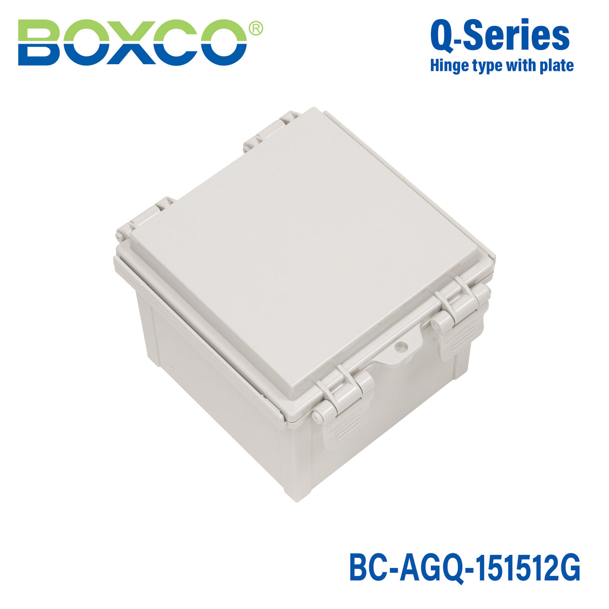 Boxco Q-Series 5.91 x 5.91 x 4.72 Inches(150 x 150 x 120mm) Plastic Enclosure, IP67, IK08, ABS, Grey Cover, Hinge Type with Plate