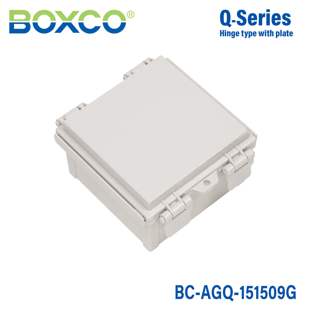 Boxco Q-series 5.91 x 5.91 x 3.54 Inches(150 x 150 x 90mm) Plastic Enclosure, IP67, IK08, ABS, Grey Cover, Hinge Type with Plate