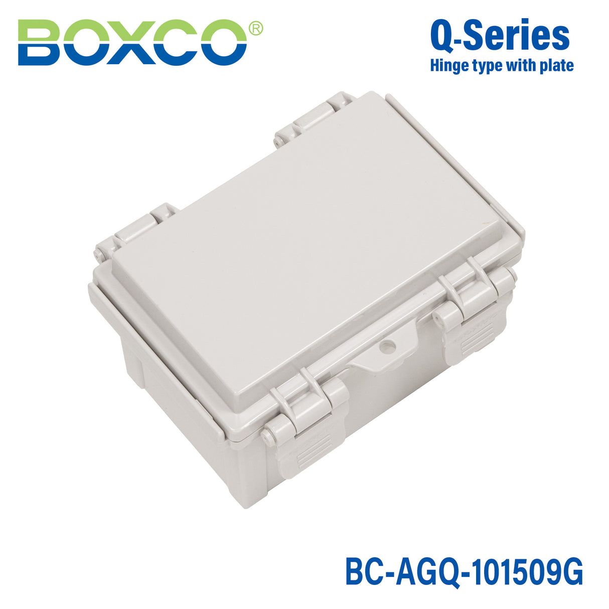 Boxco Q-Series 3.94 x 5.91 x 3.54 Inches(100 x 150 x 90mm) Plastic Enclosure, IP67, IK08, ABS, Grey Cover, Hinge Type with Plate