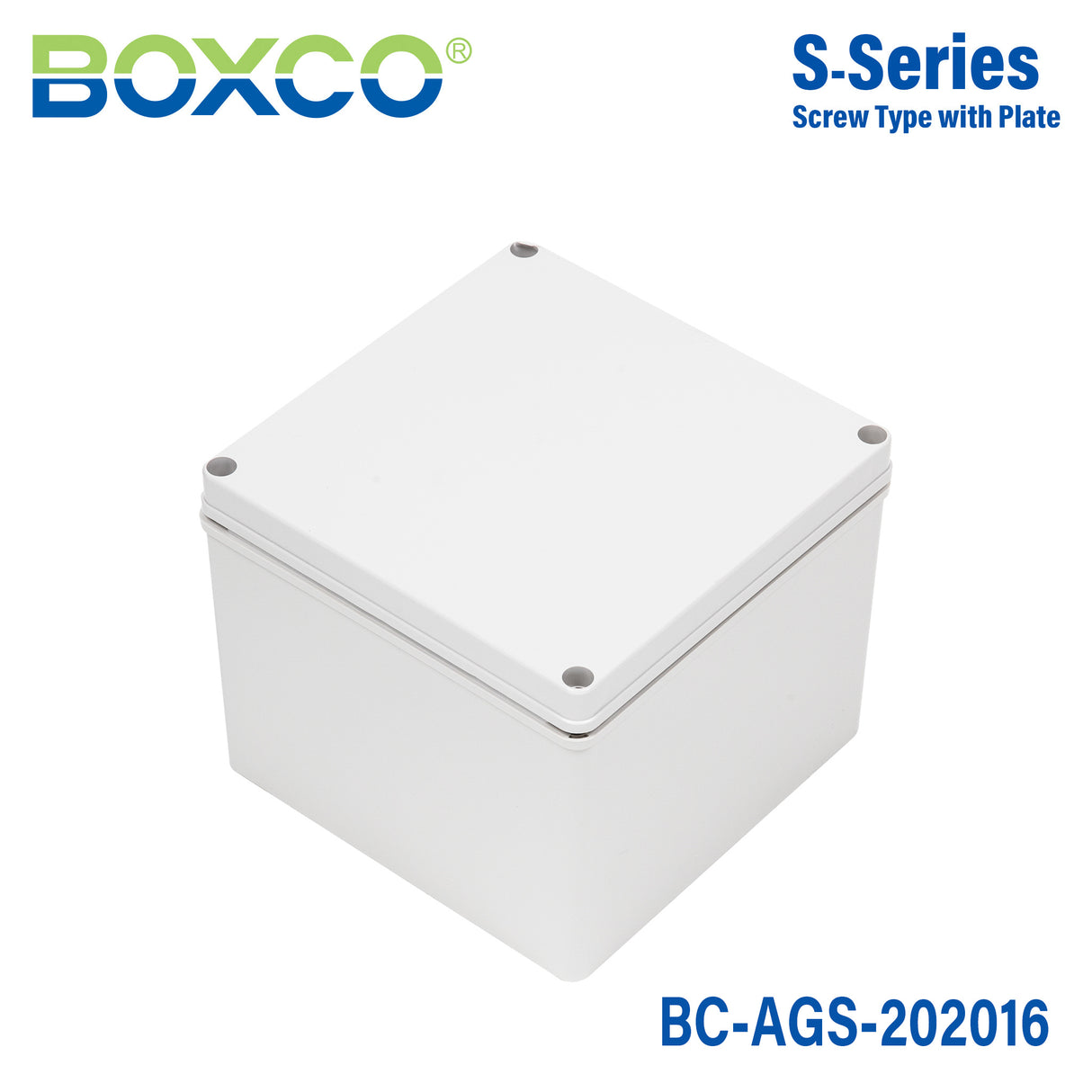 Boxco S-Series 7.87 x 7.87 x 6.3 Inches(200x200x160mm) Plastic Enclosure, IP67, IK08, ABS, Grey Cover, Screw Type