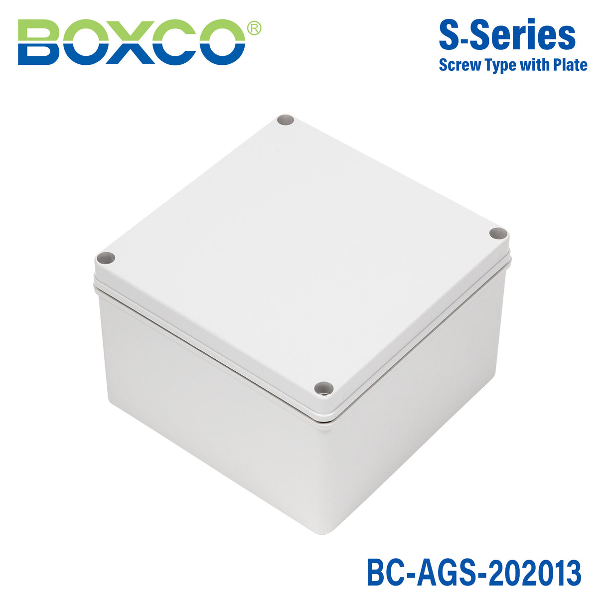 Boxco S-Series 7.87 x 7.87 x 5.12 Inches(200x200x130mm) Plastic Enclosure, IP67, IK08, ABS, Grey Cover, Screw Type