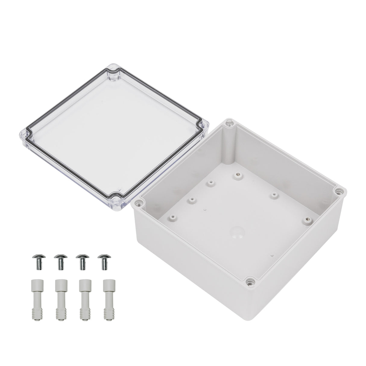 Boxco S-Series 7.87 x 7.87 x 3.94 Inches(200x200x100mm) Plastic Enclosure, IP67, IK08, PC, Transparent Cover, Screw Type