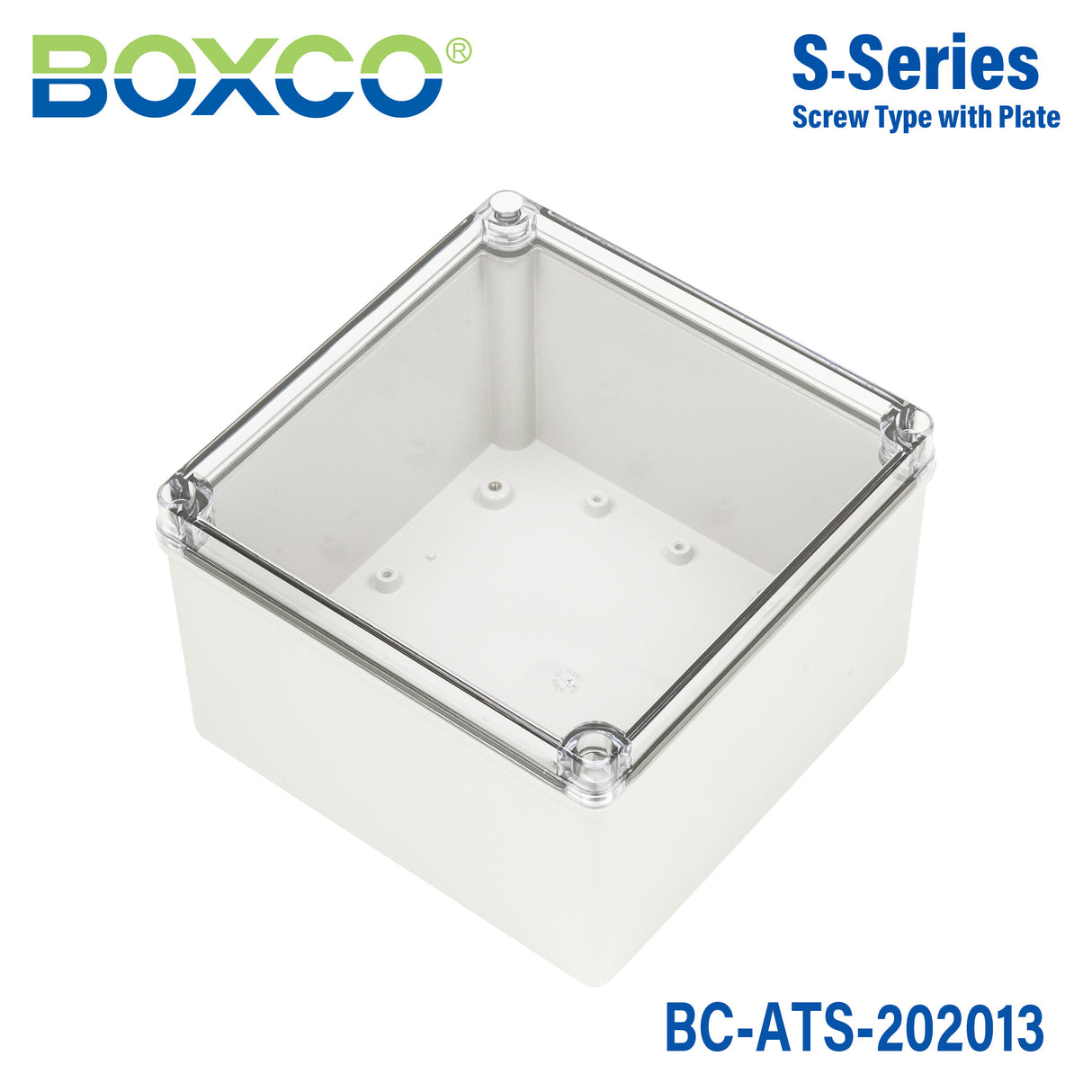 Boxco S-Series 7.87 x 7.87 x 5.12 Inches(200x200x130mm) Plastic Enclosure, IP67, IK08, ABS, Transparent Cover, Screw Type