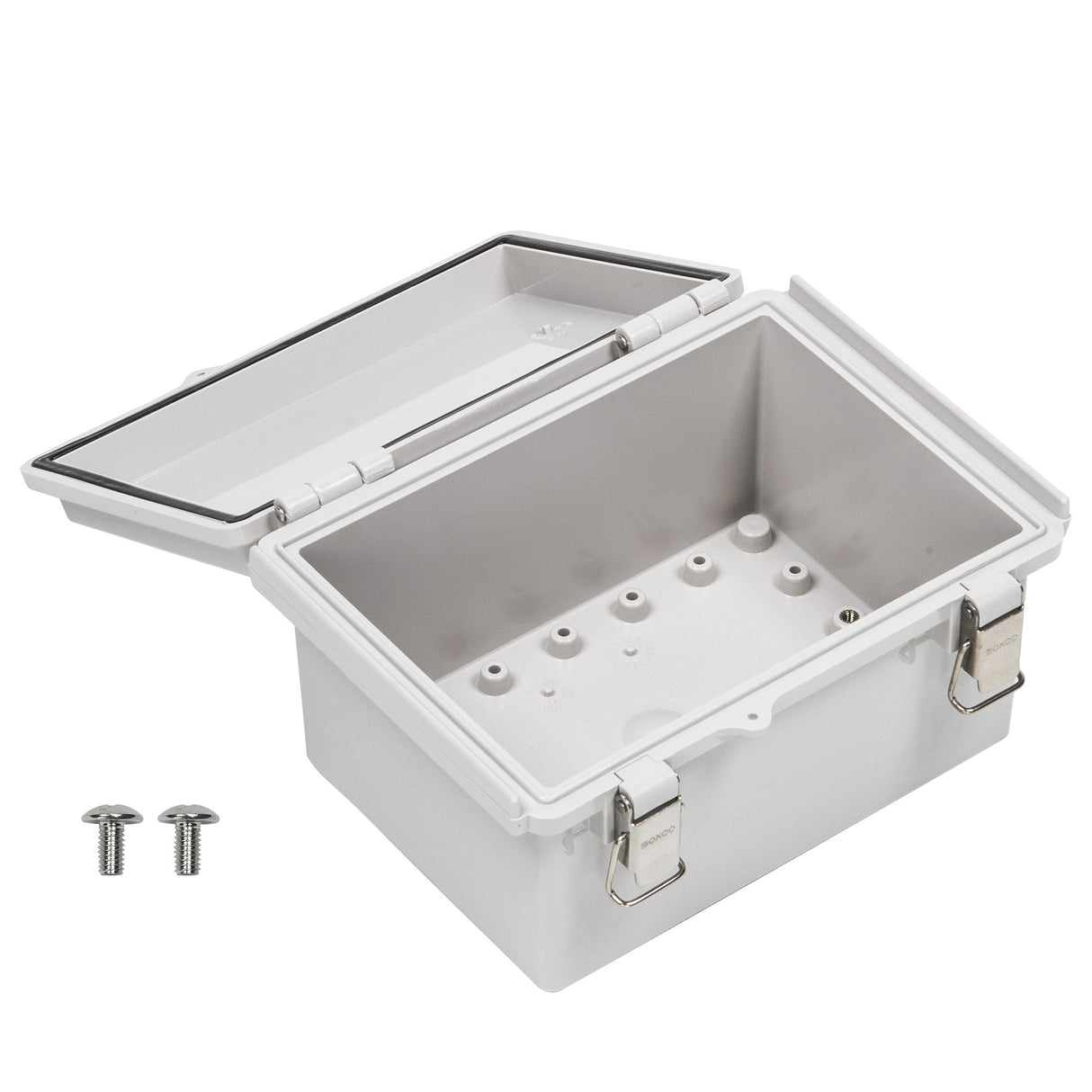 Boxco P-Series 5.31 x 7.28 x 3.94 Inches(135 x 185 x 100mm) Plastic Enclosure, IP67, IK08, ABS, Grey Cover, Molded Hinge and Latch Type