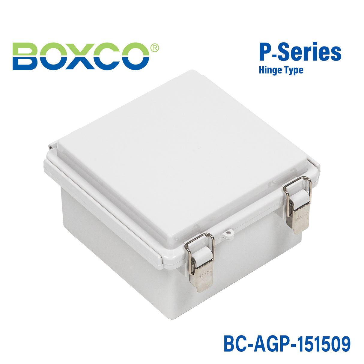 Boxco P-Series 5.91 x 5.91 x 3.54 Inches(150 x 150 x 90mm) Plastic Enclosure, IP67, IK08, ABS, Grey Cover, Molded Hinge and Latch Type