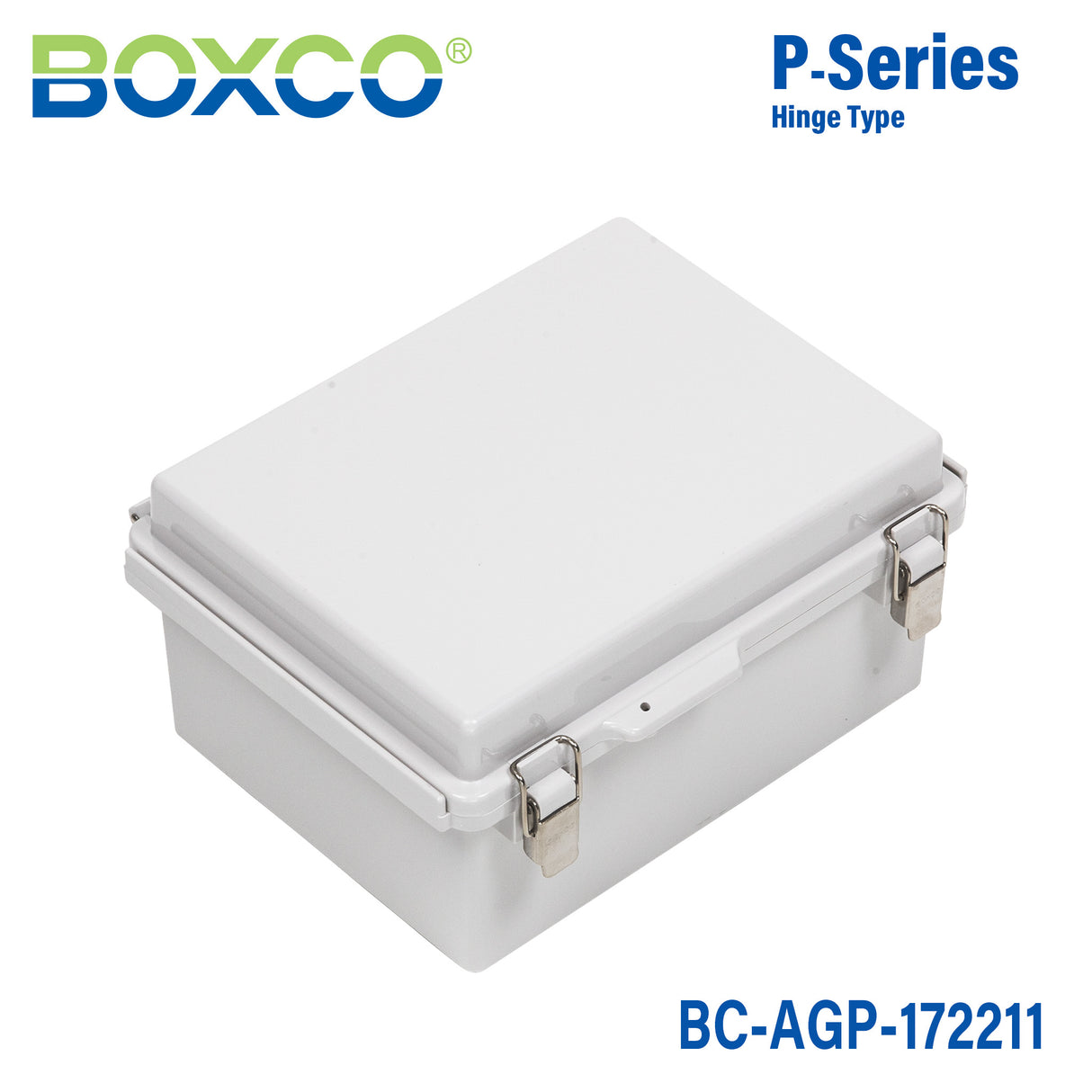 Boxco P-Series 6.69 x 8.66 x 4.33 Inches(170 x 220 x 110mm) Plastic Enclosure, IP67, IK08, ABS, Grey Cover, Molded Hinge and Latch Type