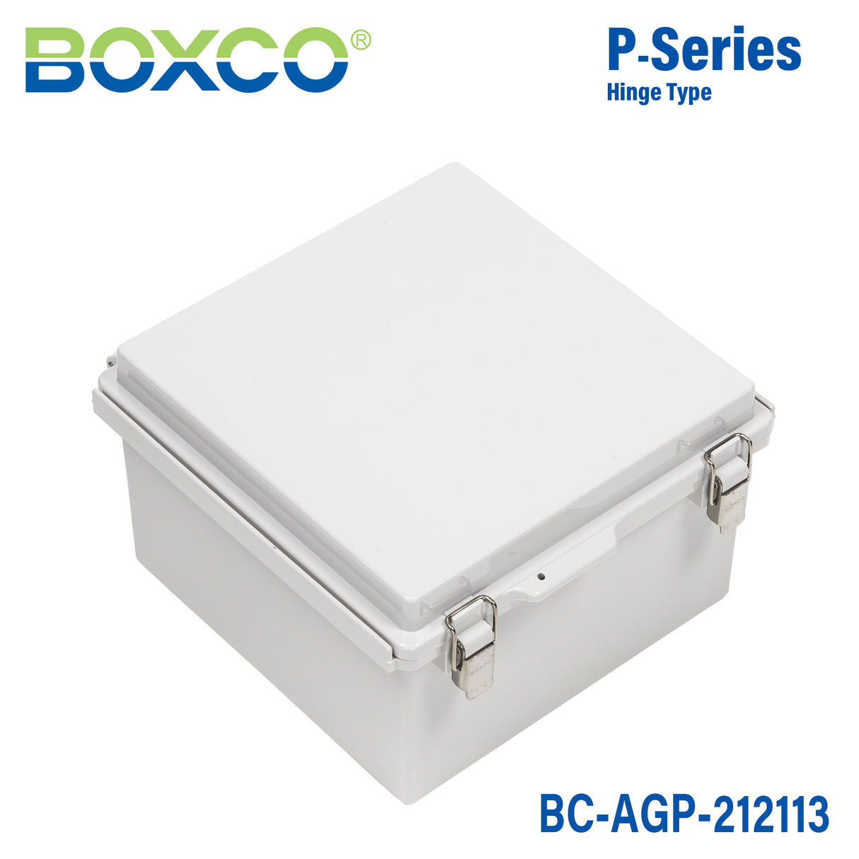 Boxco P-Series 8.27 x 8.27 x 5.12 Inches(210 x 210 x 130mm) Plastic Enclosure, IP67, IK08, ABS, Grey Cover, Molded Hinge and Latch Type