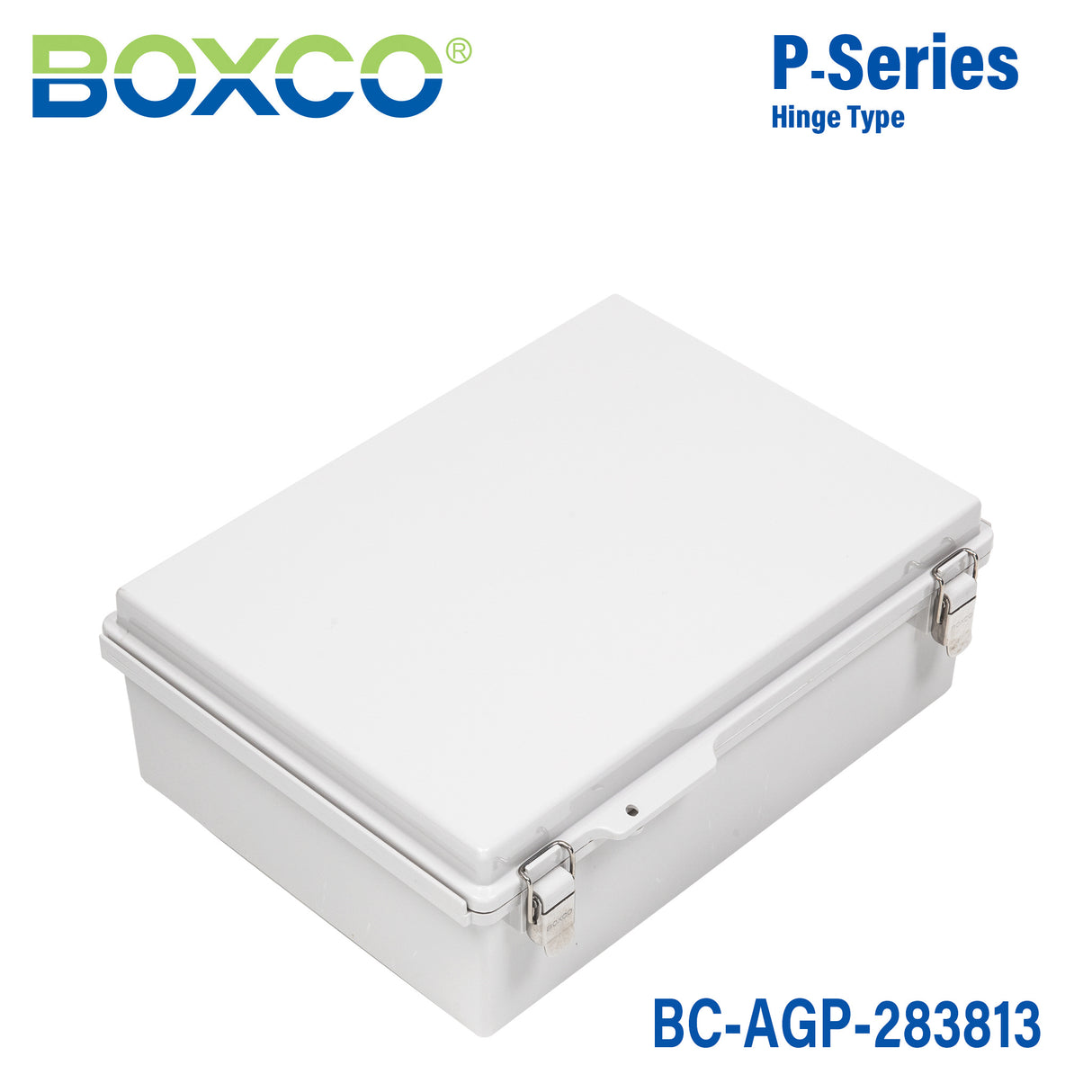 Boxco P-Series 11.02 x 14.96 x 5.12 Inches(280 x 380 x 130mm) Plastic Enclosure, IP67, IK08, ABS, Grey Cover, Molded Hinge and Latch Type