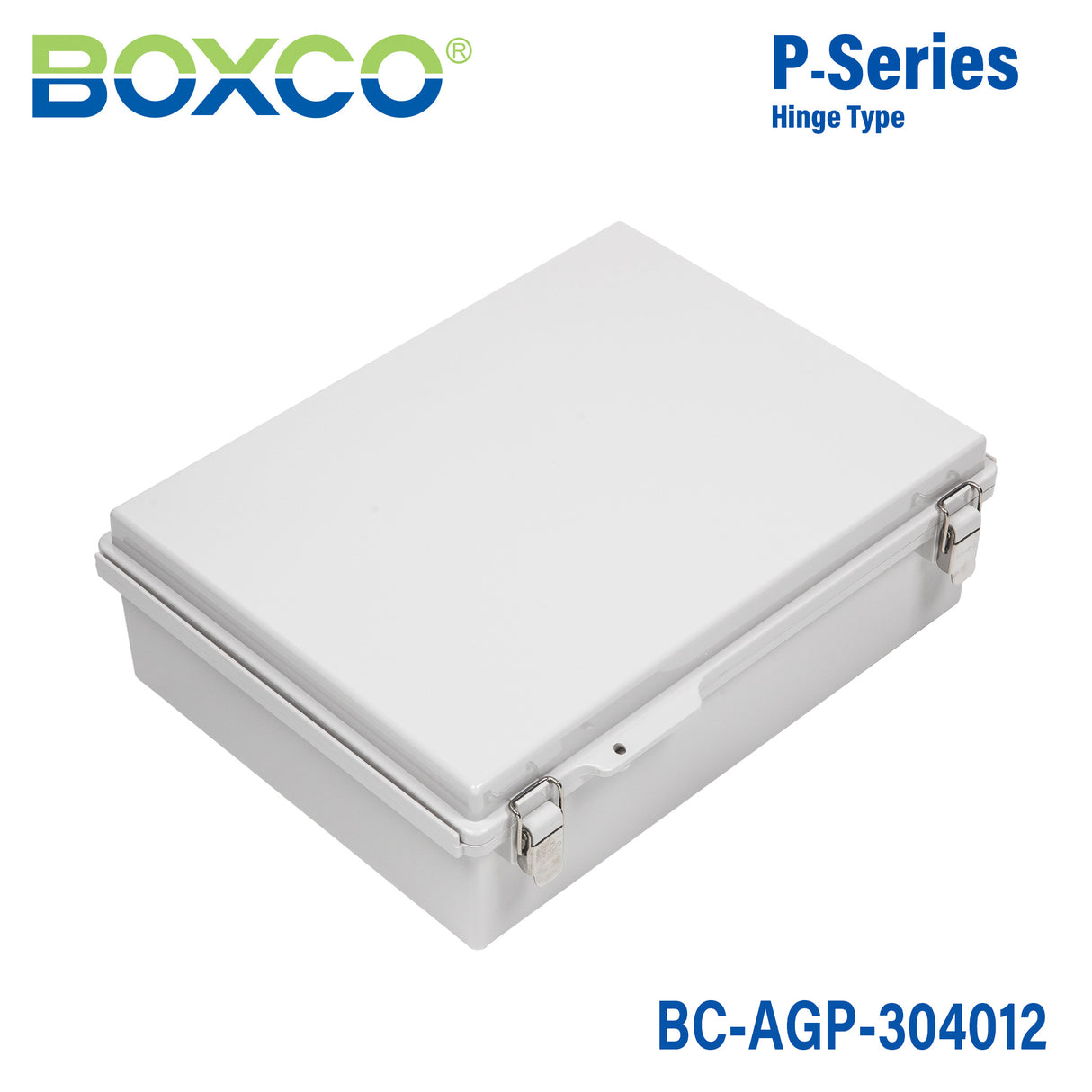 Boxco P-Series 11.81 x 15.75 x 4.72 Inches(300 x 400 x 120mm) Plastic Enclosure, IP67, IK08, ABS, Grey Cover, Molded Hinge and Latch Type