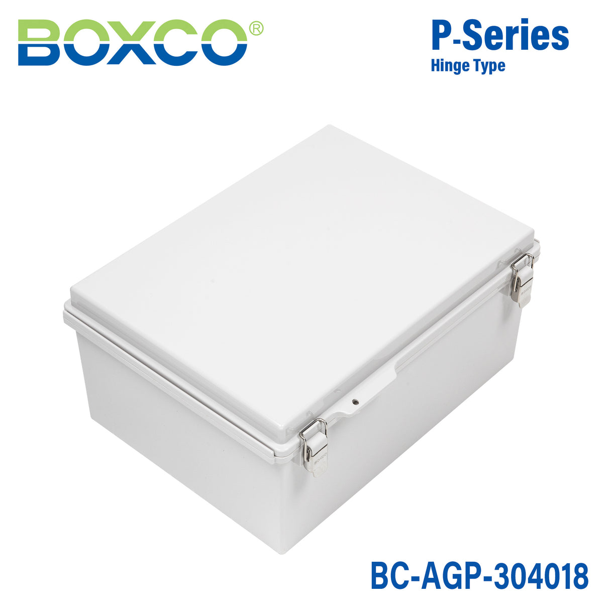 Boxco P-Series 11.81 x 15.75 x 7.09 Inches(300 x 400 x 180mm) Plastic Enclosure, IP67, IK08, ABS, Grey Cover, Molded Hinge and Latch Type