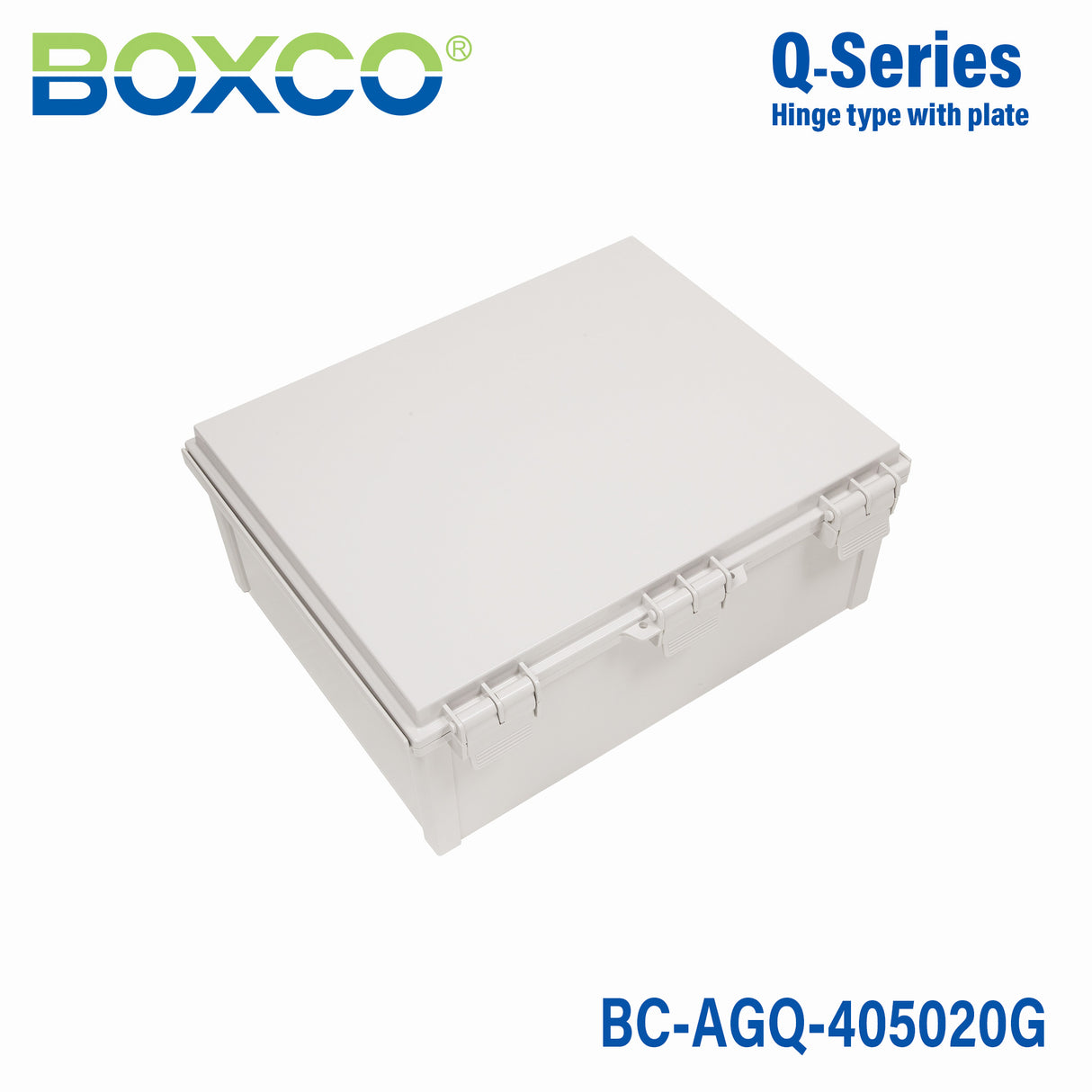 Boxco Q-Series 15.75 x 17.72 x 7.87 Inches(400 x 450 x 200mm) Plastic Enclosure, IP67, IK08, ABS, Grey Cover, Hinge Type with Plate