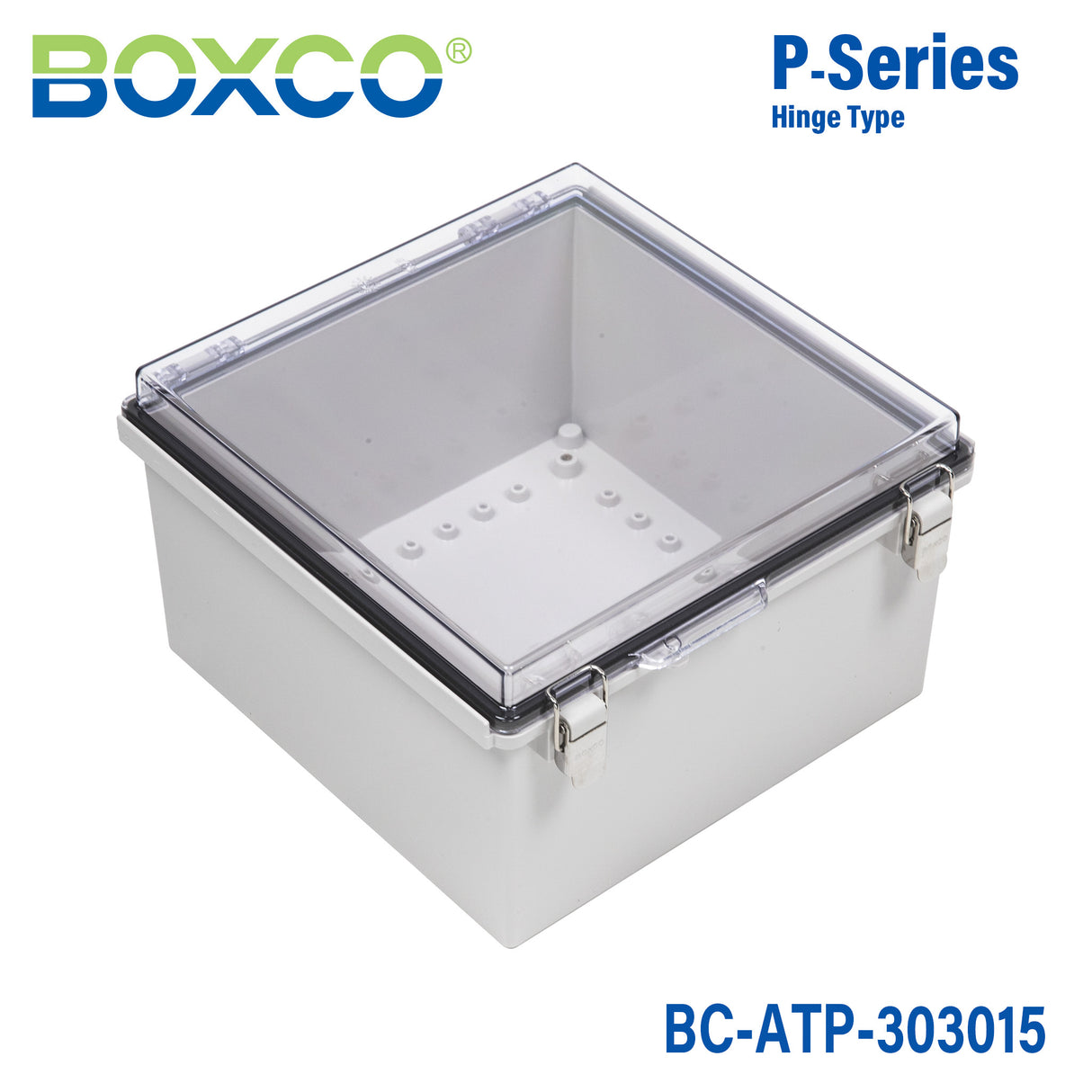 Boxco P-Series 11.81 x 11.81 x 5.91 Inches(300 x 300 x 150mm) Plastic Enclosure, IP67, IK08, ABS, Transparent Cover, Molded Hinge and Latch Type