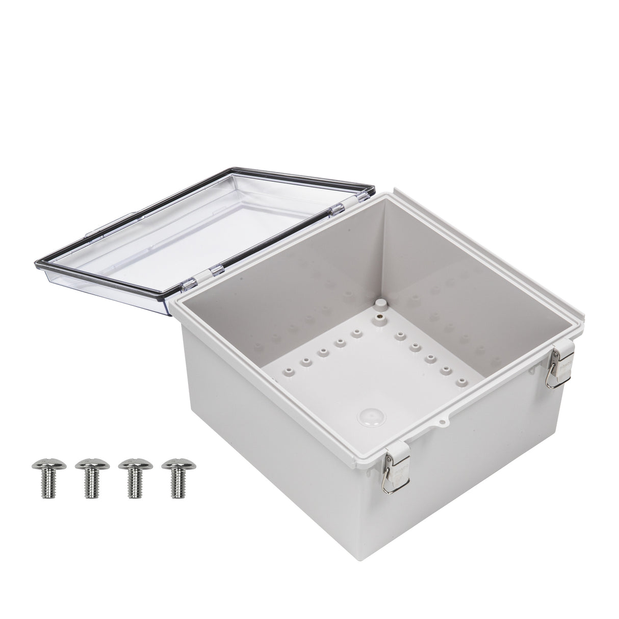 Boxco P-Series 11.81 x 11.81 x 7.09 Inches(300 x 300 x 180mm) Plastic Enclosure, IP67, IK08, ABS, Transparent Cover, Molded Hinge and Latch Type