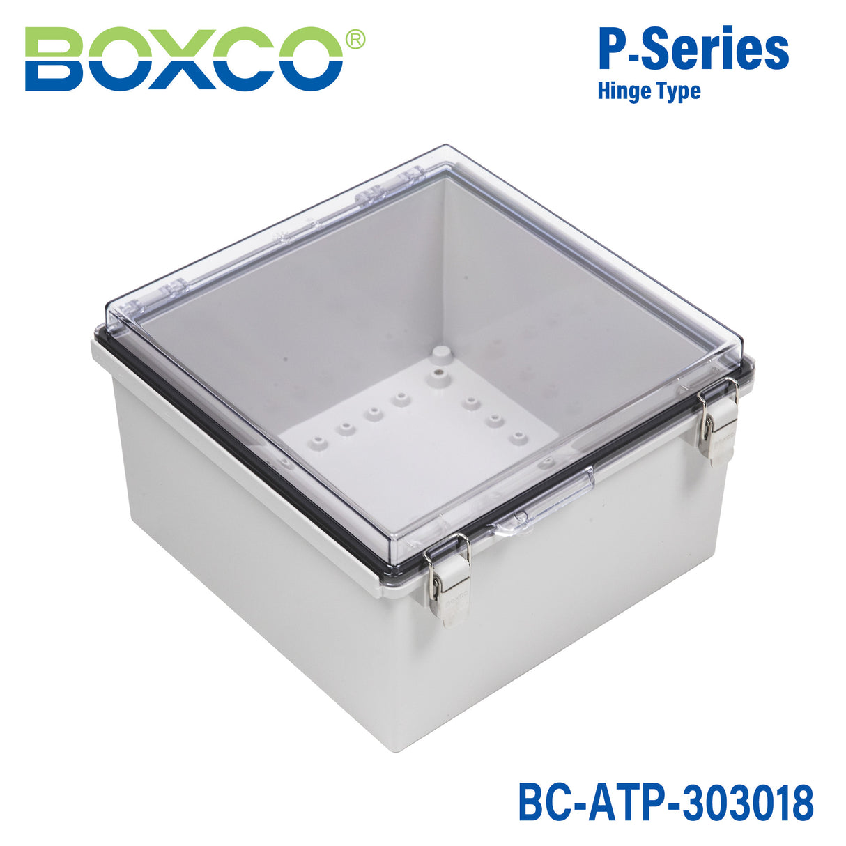 Boxco P-Series 11.81 x 11.81 x 7.09 Inches(300 x 300 x 180mm) Plastic Enclosure, IP67, IK08, ABS, Transparent Cover, Molded Hinge and Latch Type