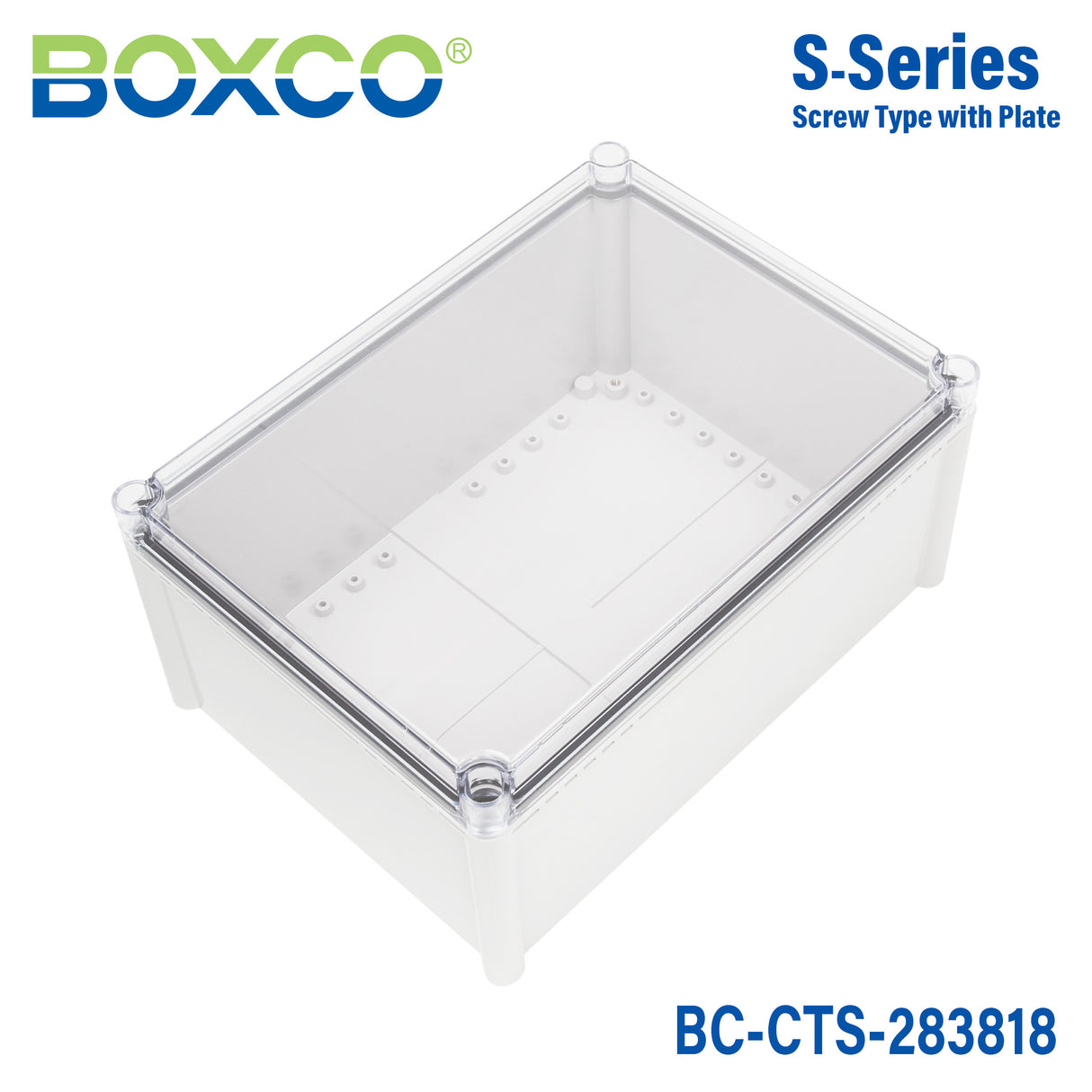 Boxco S-Series 11.02 x 14.96 x 7.09 Inches(280x380x180mm) Plastic Enclosure, IP67, IK08, PC, Transparent Cover, Screw Type