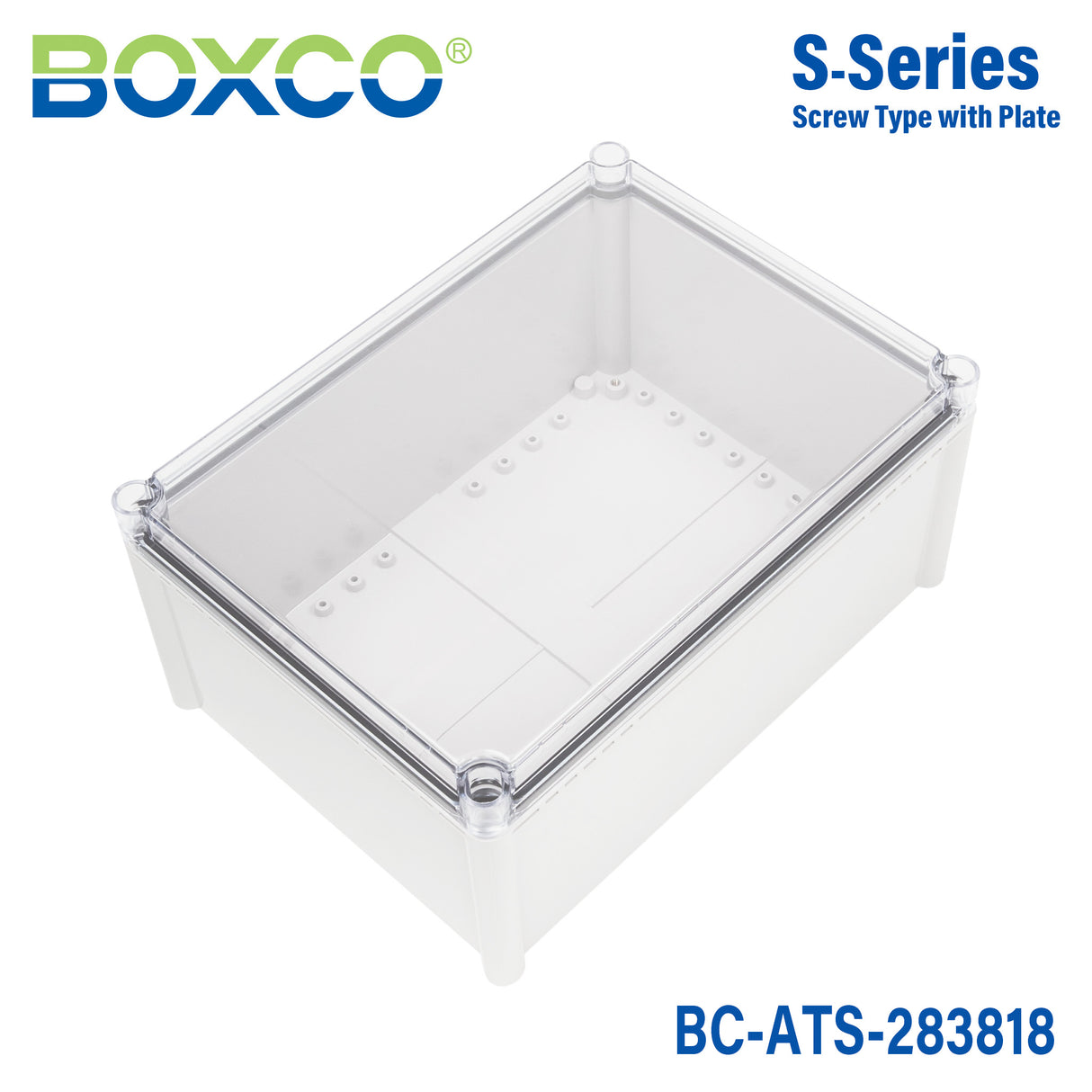Boxco S-Series 11.02 x 14.96 x 7.09 Inches(280x380x180mm) Plastic Enclosure, IP67, IK08, ABS, Transparent Cover, Screw Type