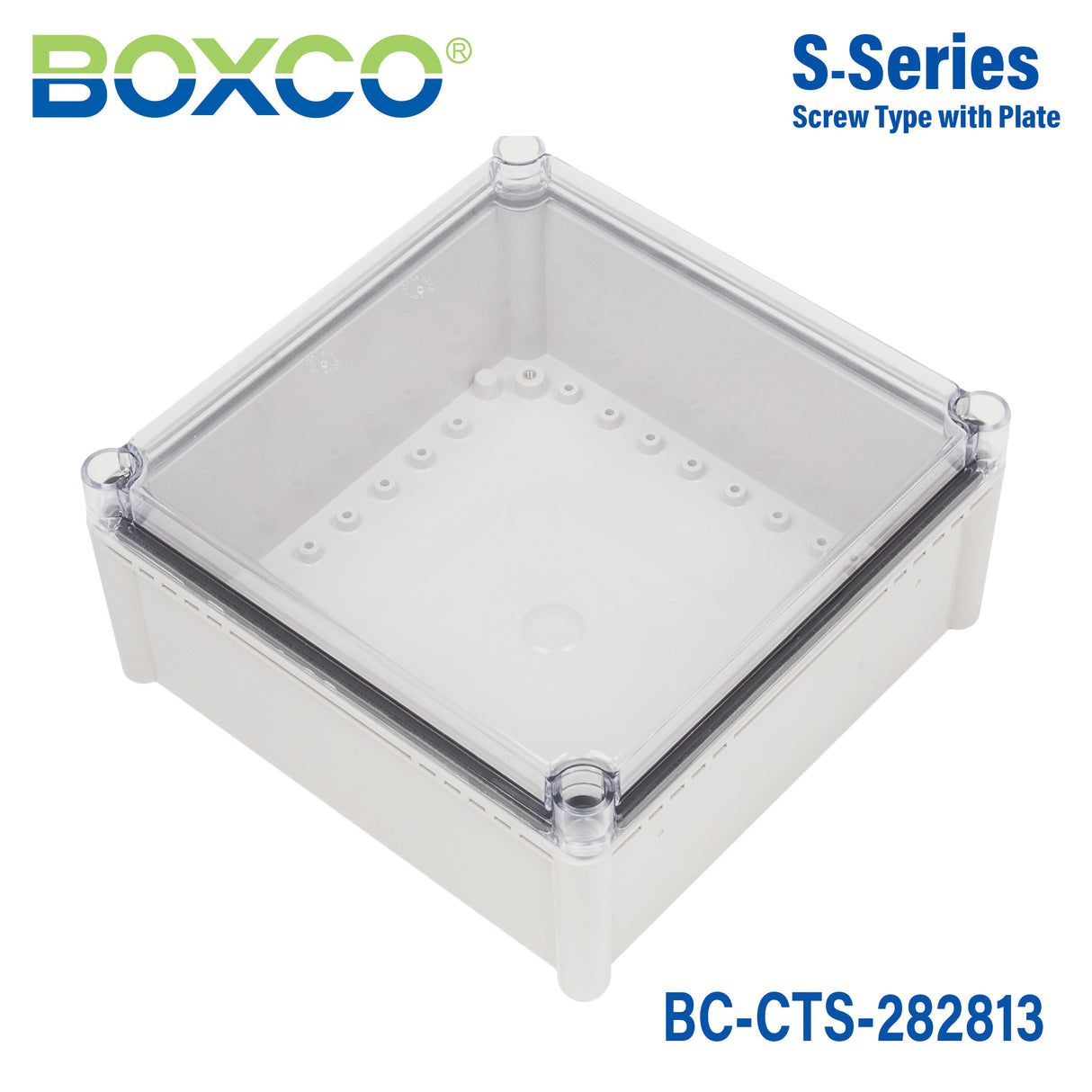 Boxco S-Series 11.02 x 11.02 x 5.12 Inches(280x280x130mm) Plastic Enclosure, IP67, IK08, PC, Transparent Cover, Screw Type