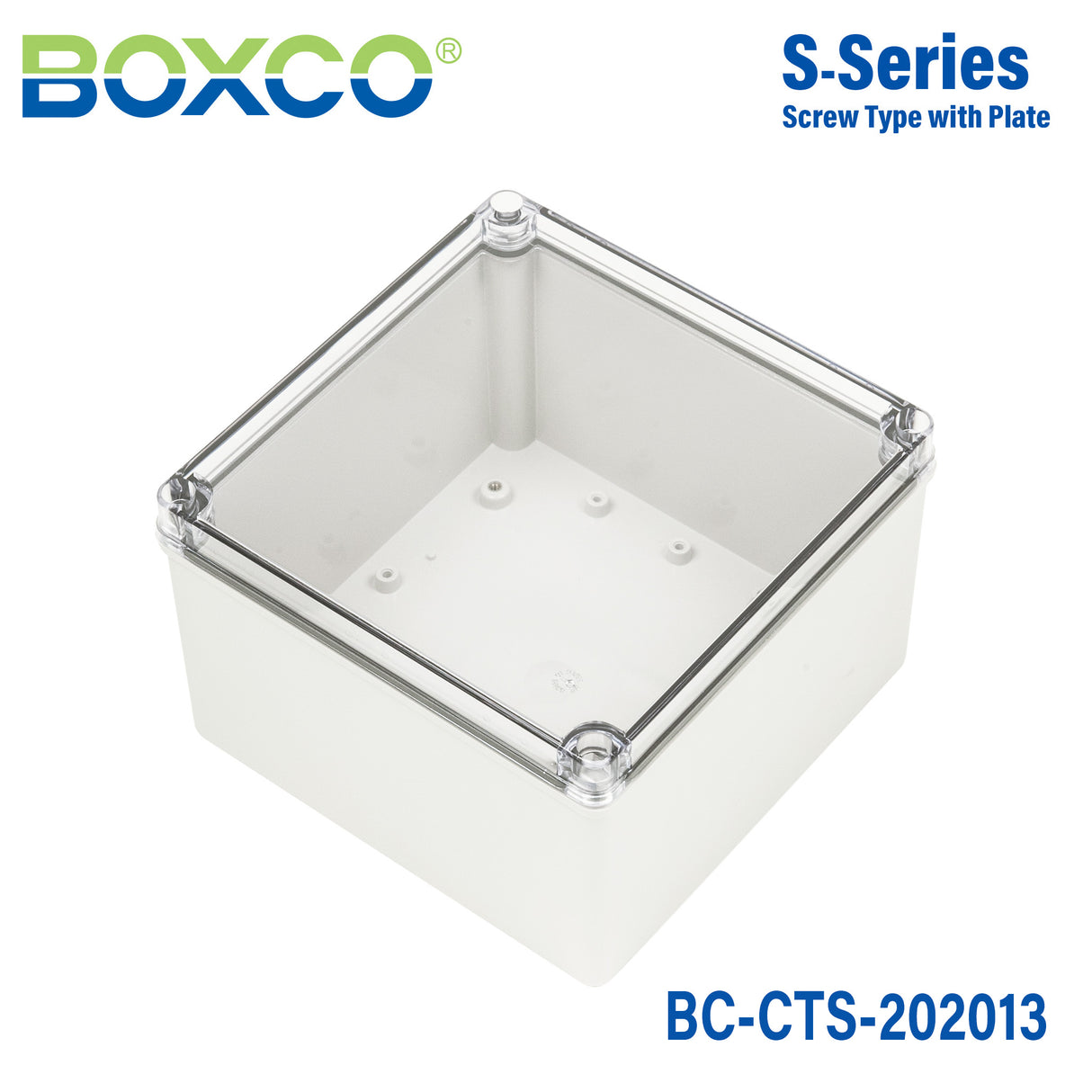 Boxco S-Series 7.87 x 7.87 x 5.12 Inches(200x200x130mm) Plastic Enclosure, IP67, IK08, PC, Transparent Cover, Screw Type