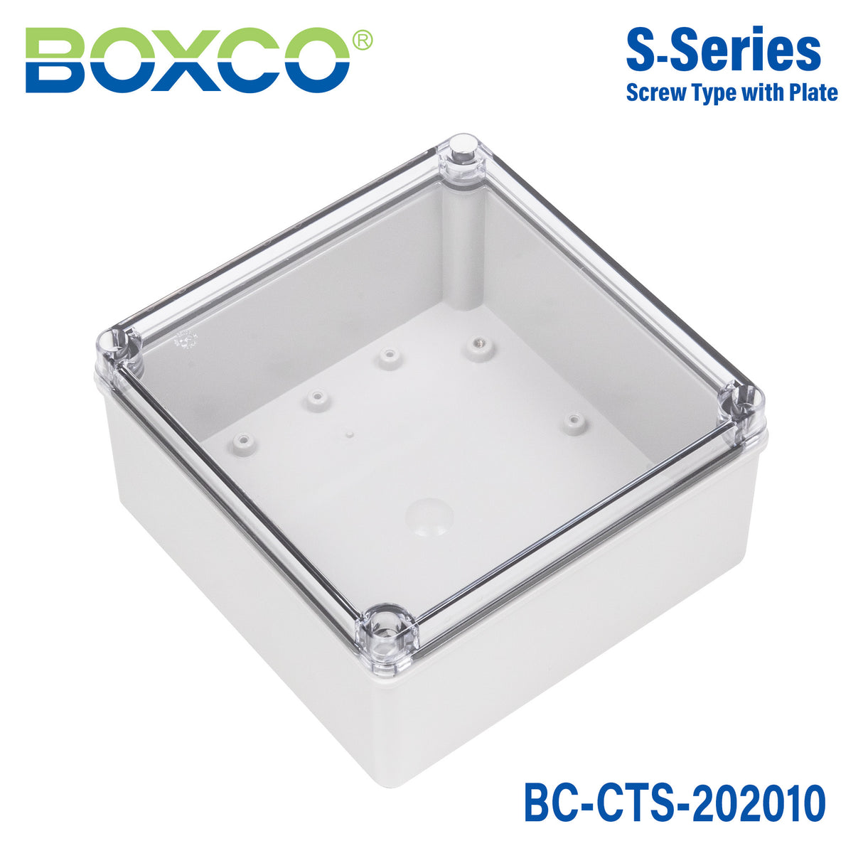 Boxco S-Series 7.87 x 7.87 x 3.94 Inches(200x200x100mm) Plastic Enclosure, IP67, IK08, PC, Transparent Cover, Screw Type