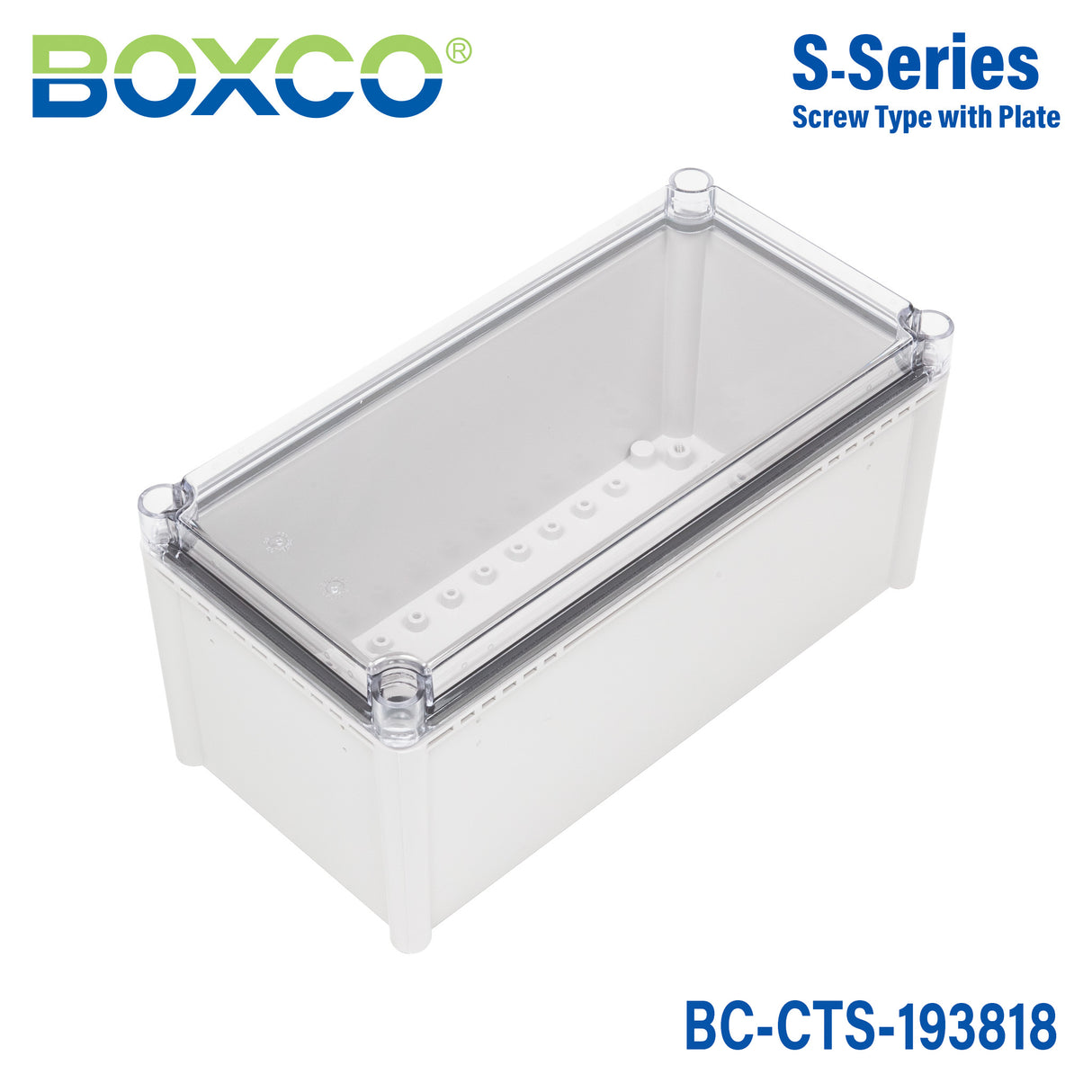 Boxco S-Series 7.48 x 14.96 x 7.09 Inches(190x380x180mm) Plastic Enclosure, IP67, IK08, PC, Transparent Cover, Screw Type