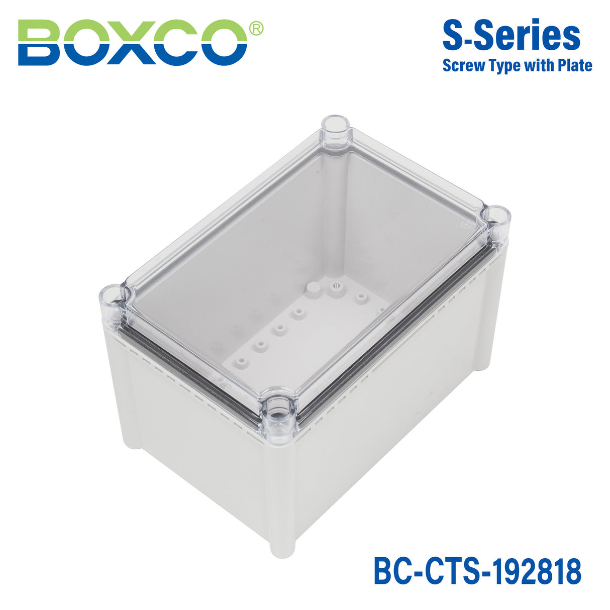 Boxco S-Series 7.48 x 11.02 x 7.09 Inches(190x280x180mm) Plastic Enclosure, IP67, IK08, PC, Transparent Cover, Screw Type