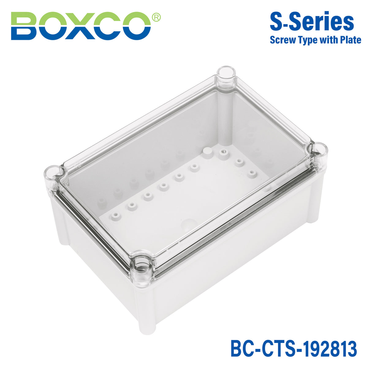 Boxco S-Series 7.48 x 11.02 x 5.12 Inches(190x280x130mm) Plastic Enclosure, IP67, IK08, PC, Transparent Cover, Screw Type