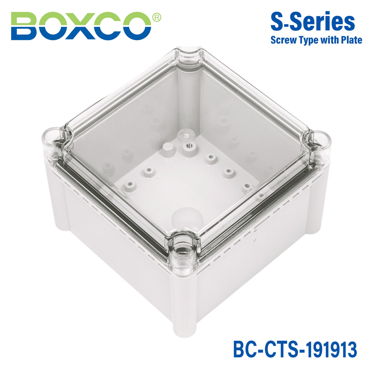Boxco S-Series 7.48 x 7.48 x 5.12 Inches(190x190x130mm) Plastic Enclosure, IP67, IK08, PC, Transparent Cover, Screw Type