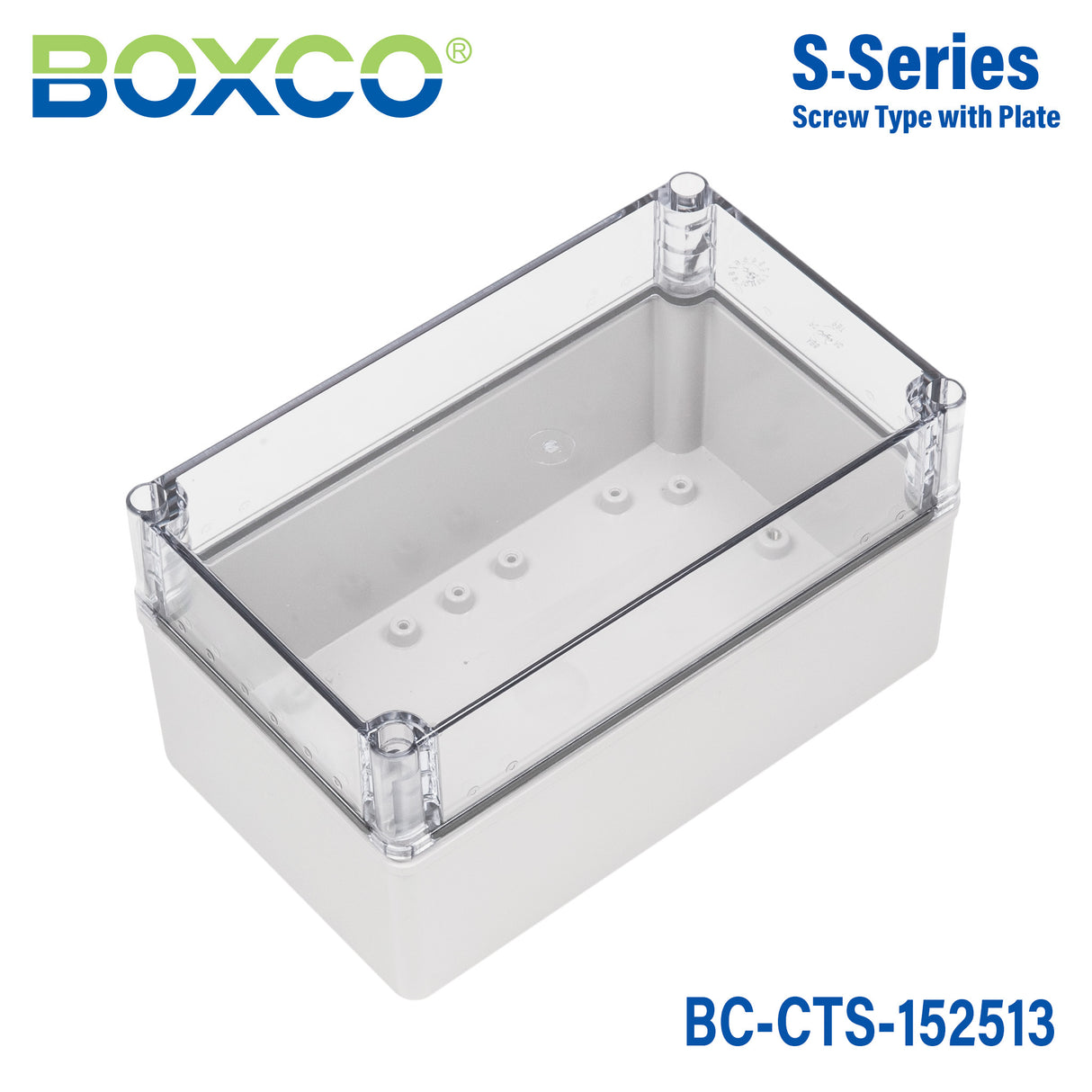 Boxco S-Series 5.91 x 9.84 x 5.12 Inches(150x250x130mm) Plastic Enclosure, IP67, IK08, PC, Transparent Cover, Screw Type