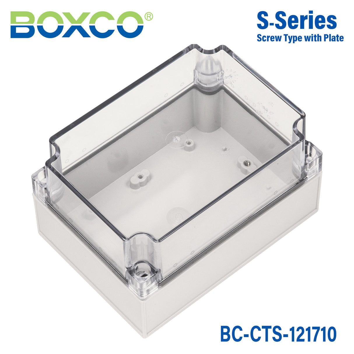 Boxco S-Series 4.92 x 6.89 x 3.94 Inches(125x175x100mm) Plastic Enclosure, IP67, IK08, PC, Transparent Cover, Screw Type