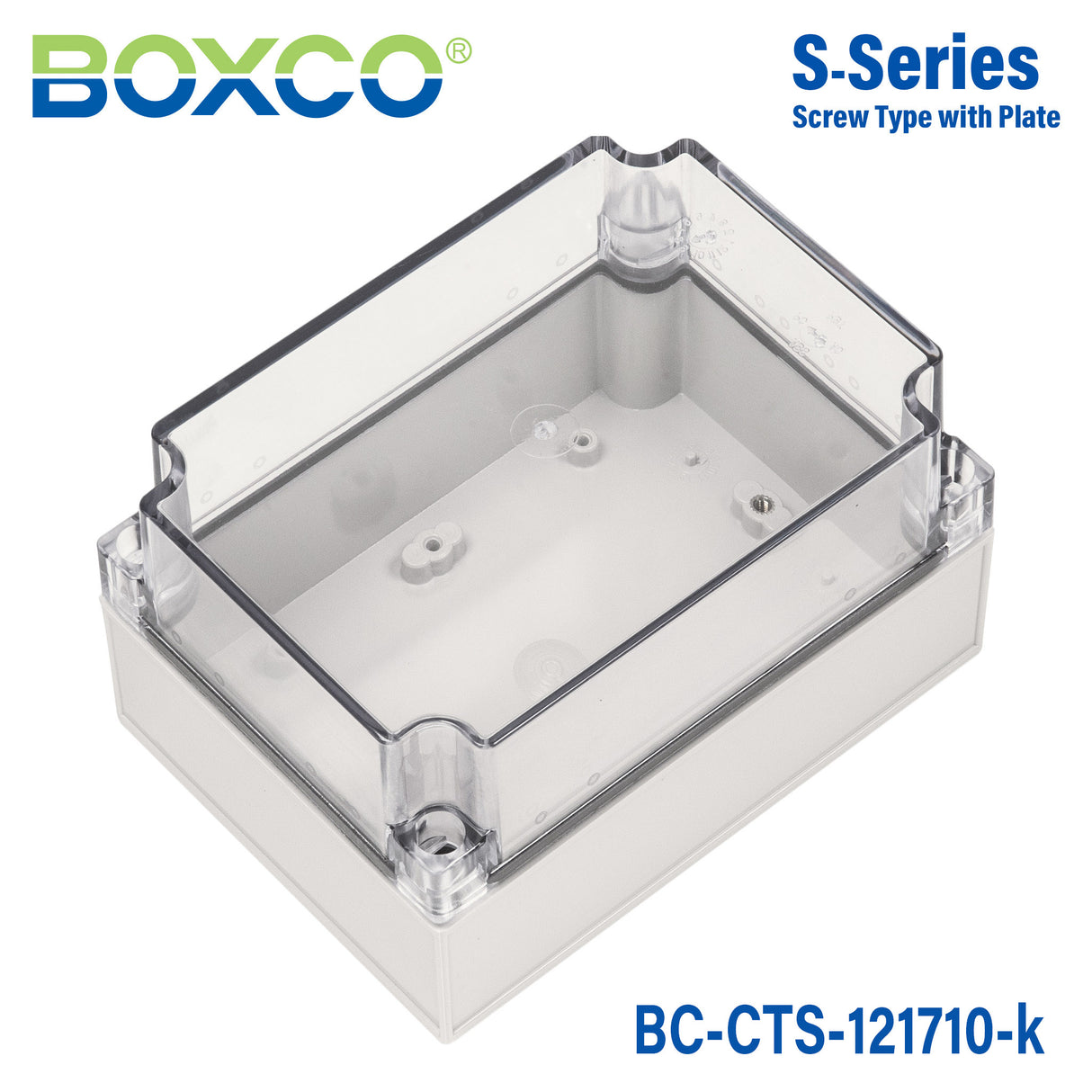 Boxco S-Series 4.92 x 6.89 x 3.94 Inches(125 x 175 x 100mm) Plastic Enclosure, IP67, IK08, PC, Transparent Cover, Screw Type