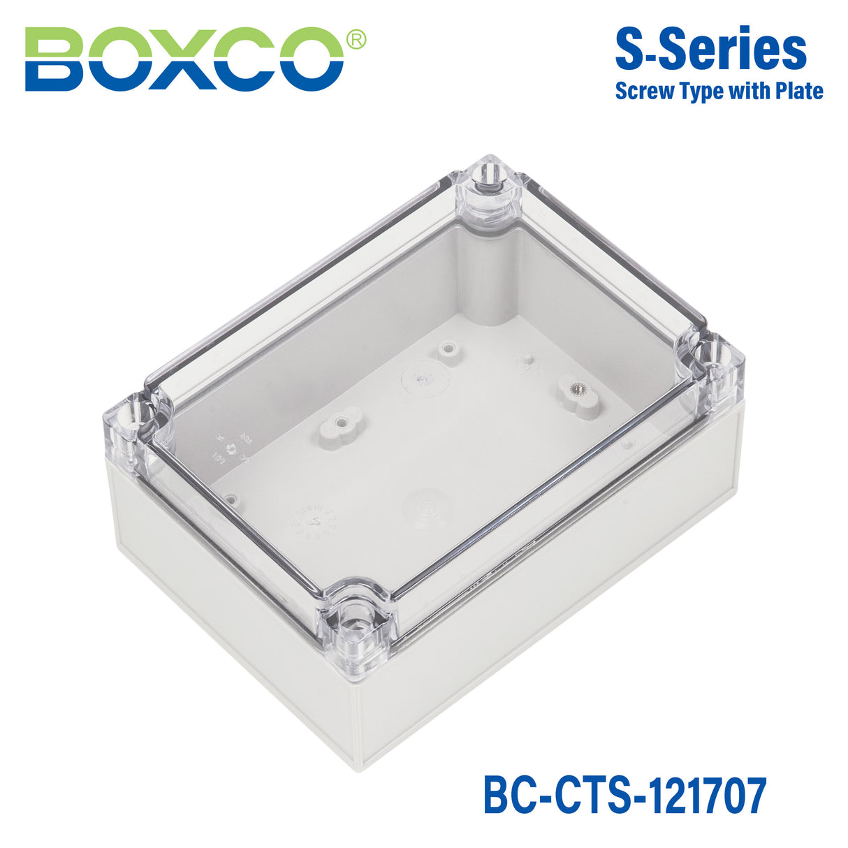 Boxco S-Series 4.92 x 6.89 x 2.95 Inches(125x175x75mm) Plastic Enclosure, IP67, IK08, PC, Transparent Cover, Screw Type