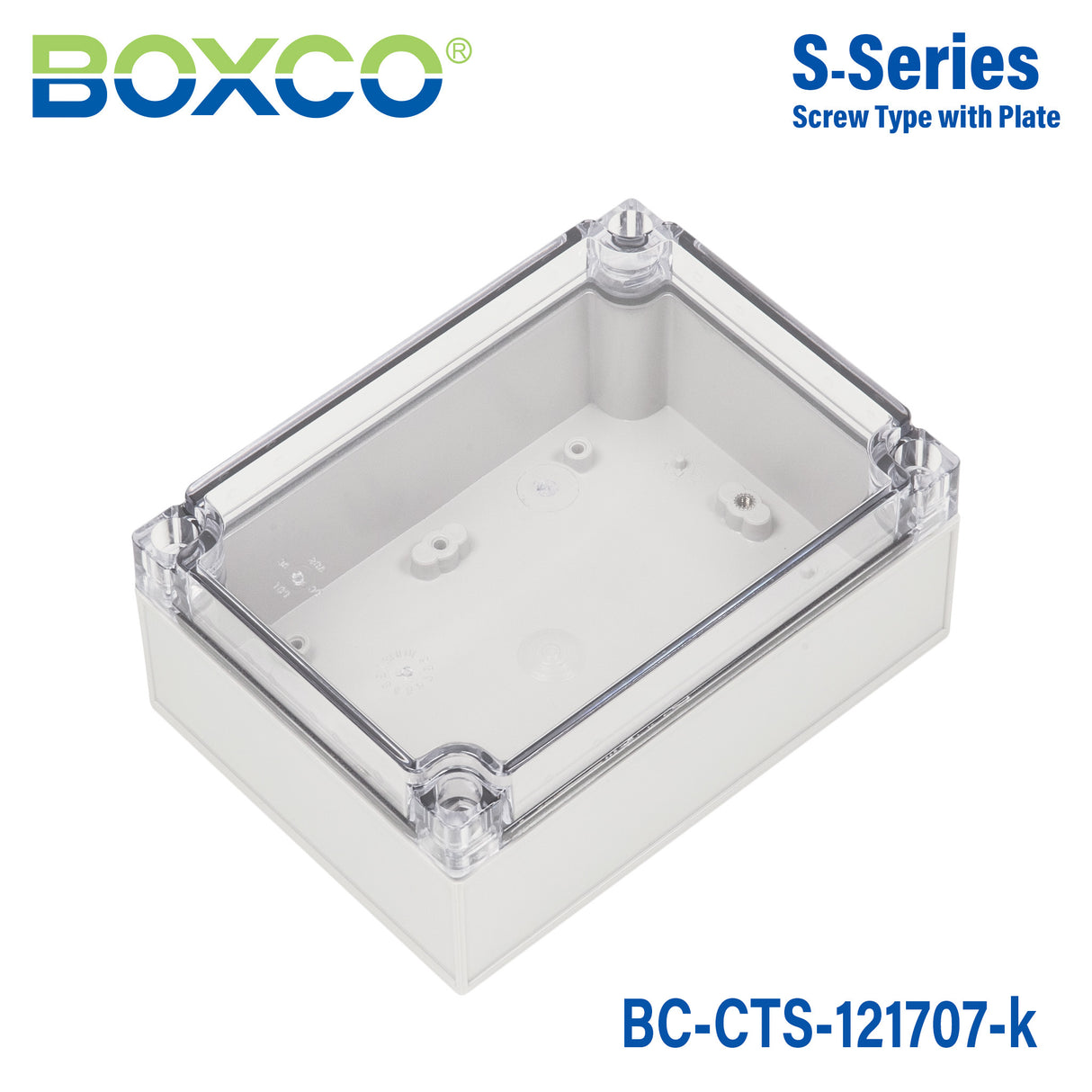 Boxco S-Series 4.92 x 6.89 x 2.95 Inches(125 x 175 x 75mm) Plastic Enclosure, IP67, IK08, PC, Transparent Cover, Screw Type