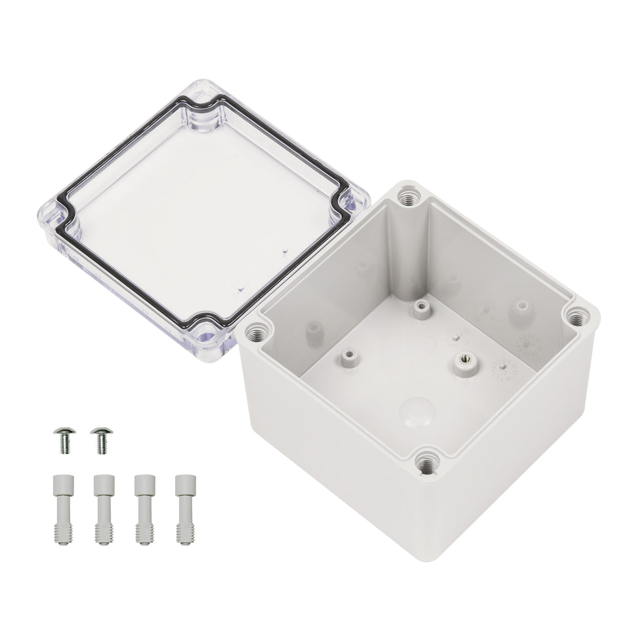 Boxco S-Series 4.92 x 4.92 x 3.94 Inches(125x125x100mm) Plastic Enclosure, IP67, IK08, PC, Transparent Cover, Screw Type