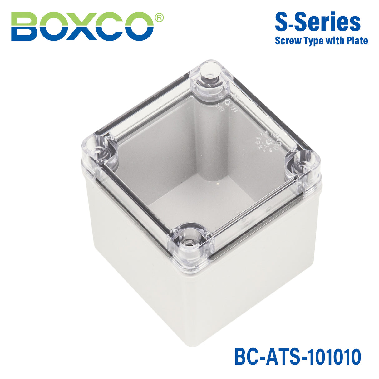 Boxco S-Series 3.94 x 3.94 x 3.94 Inches(100x100x100mm) Plastic Enclosure, IP67, IK08, ABS, Transparent Cover, Screw Type