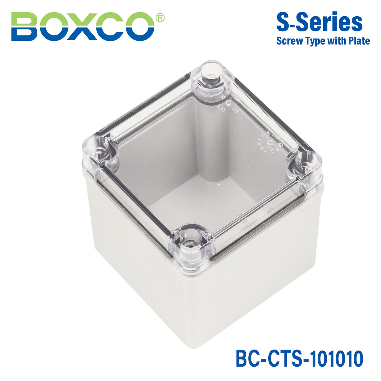 Boxco S-Series 3.94 x 3.94 x 3.94 Inches(100x100x100mm) Plastic Enclosure, IP67, IK08, PC, Transparent Cover, Screw Type